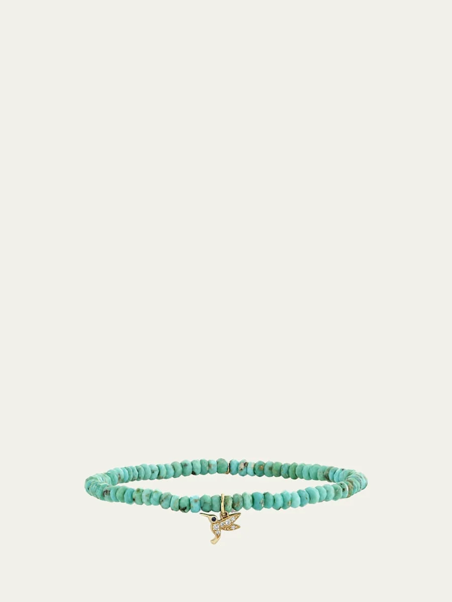 14K Yellow Gold Tiny Hummingbird Diamond Charm and Arizona Turquoise Bead Bracelet - 1