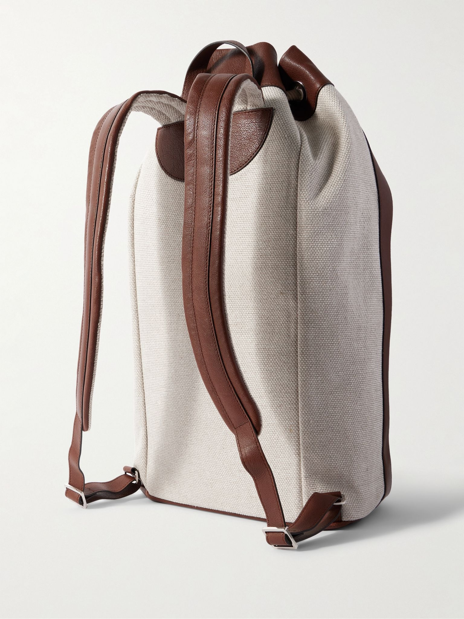 Leather-Trimmed Cotton and Linen-Blend Canvas Backpack Beige - 3