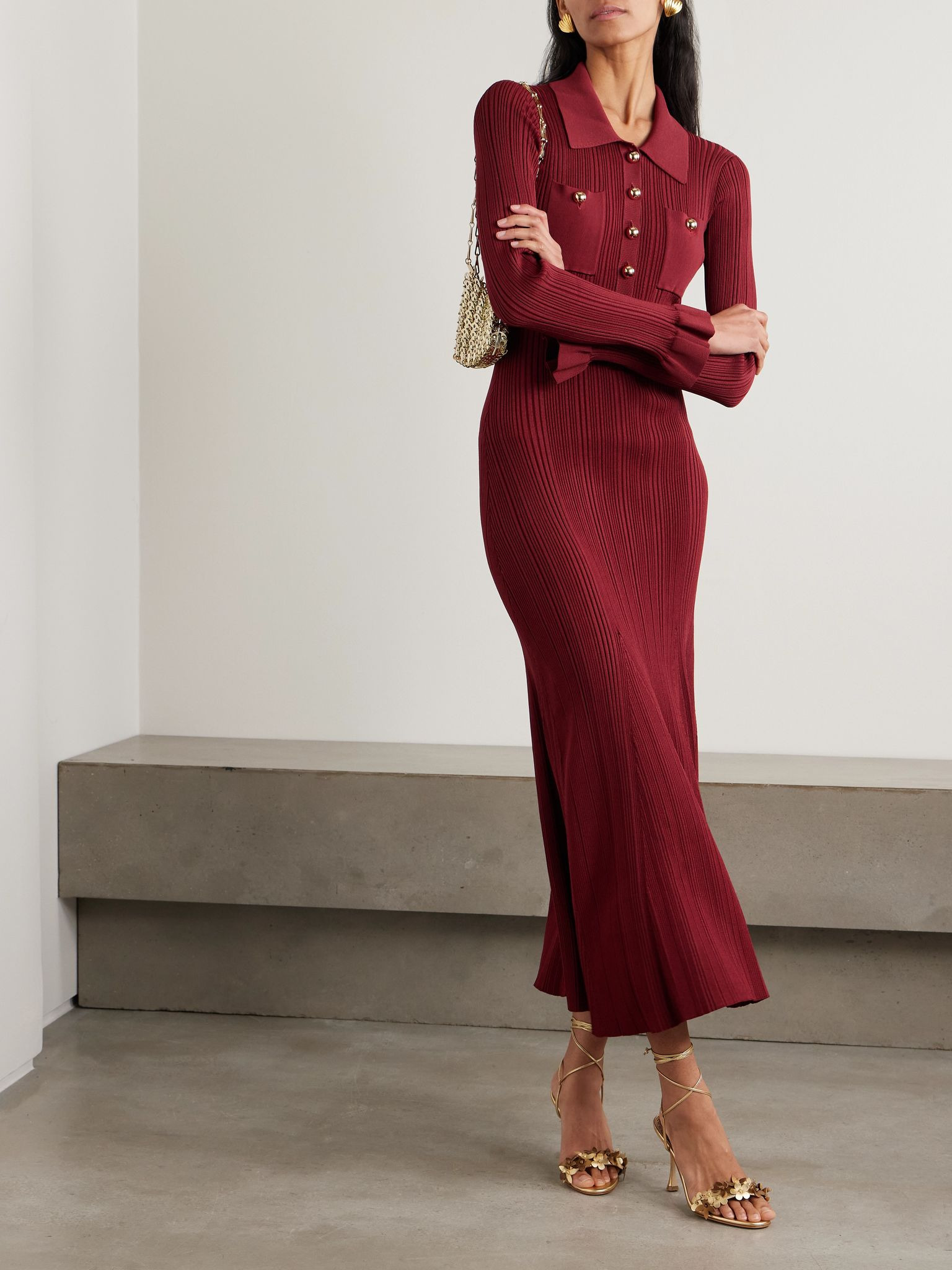 Button-embellished ribbed-knit midi dress Burgundy - 2