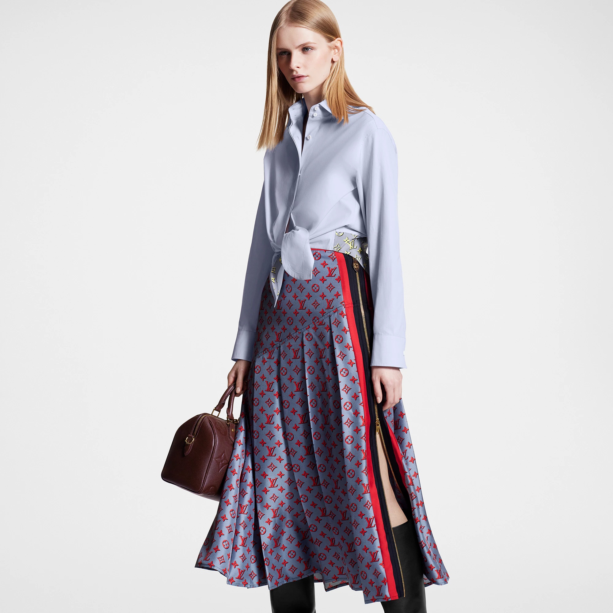 3D Monogram Asymmetrical Pleat Midi Skirt - 5