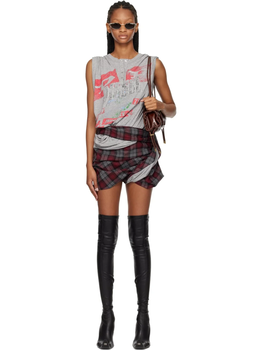 Gray & Red Jersey & Check Wool Playsuit - 1