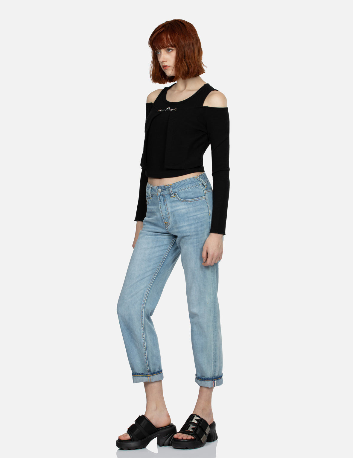METAL LOGO TRIM OFF-SHOULDER AND FAUX TWO-PIECE FASHION FIT TOP - 3