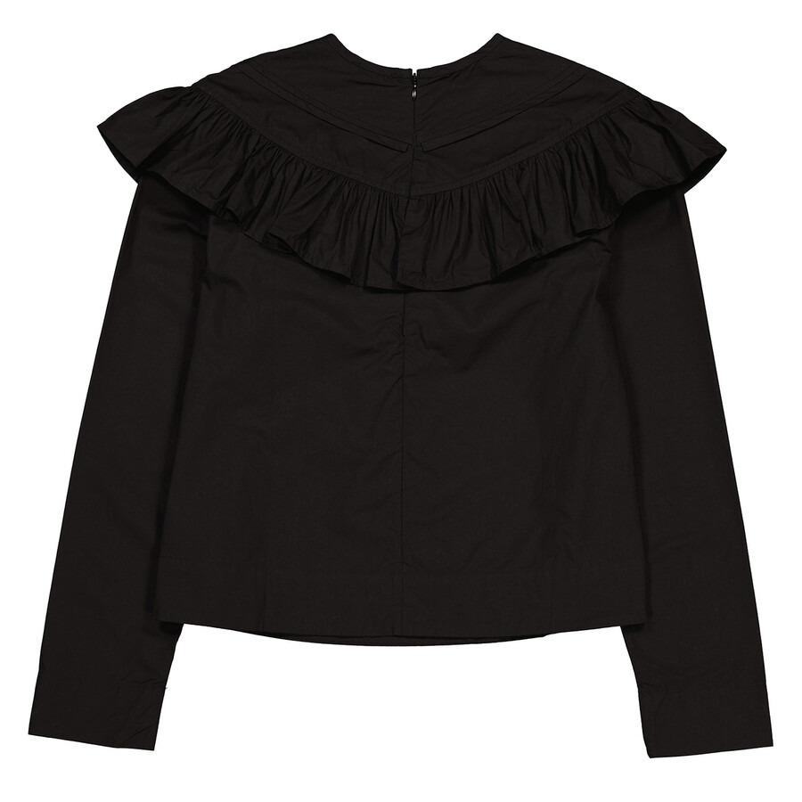 Ganni Cotton Poplin Frill Blouse In Black - 6