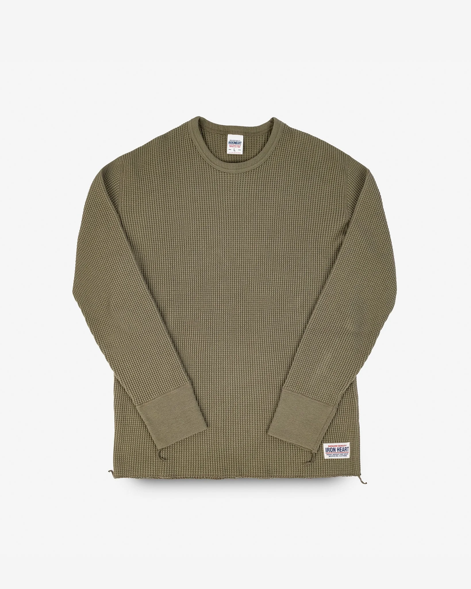 WAFFLE KNIT LONG SLEEVED CREW NECK THERMAL TOP - OLIVE - 1