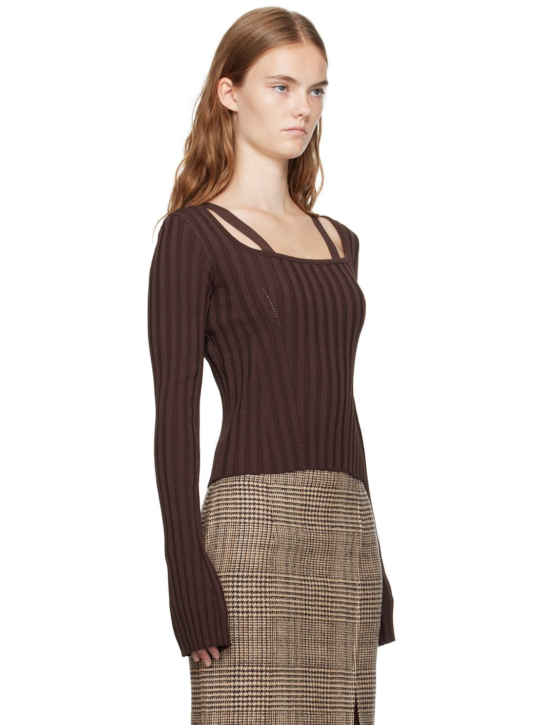Brown Scoop Neck Fitted Sweater - 2