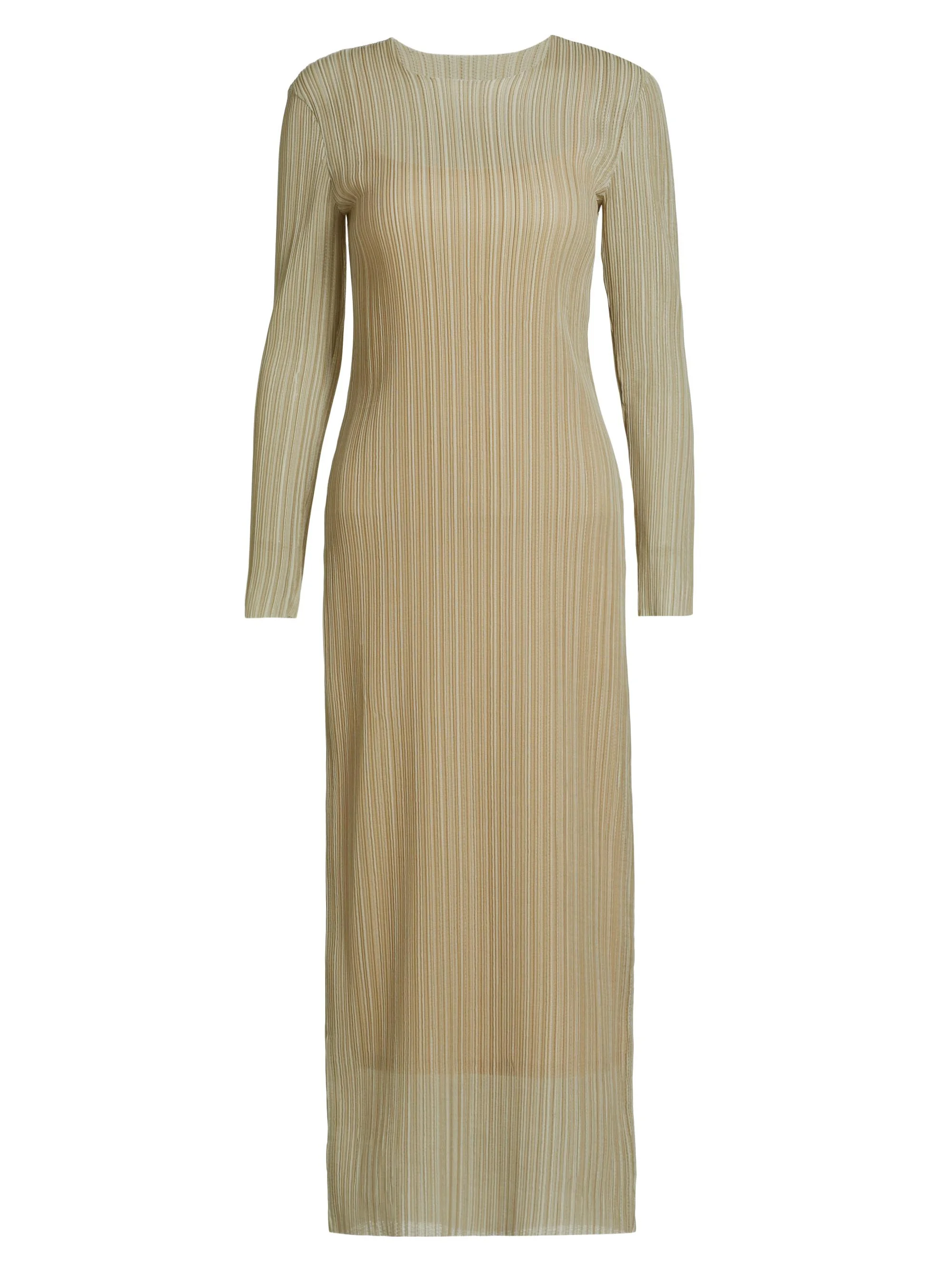 Women's Plissé Long-Sleeve Midi-Dress - Dark Jade Water Combo - 1