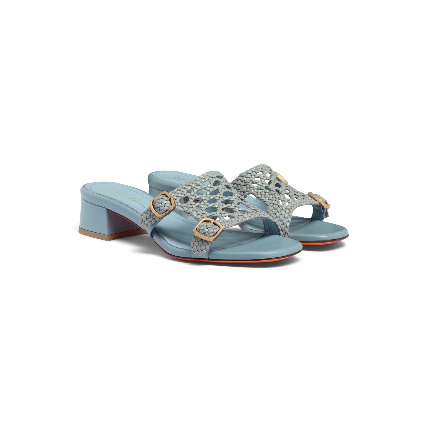 Women's light blue woven leather double-buckle Didi slide sandal - 3