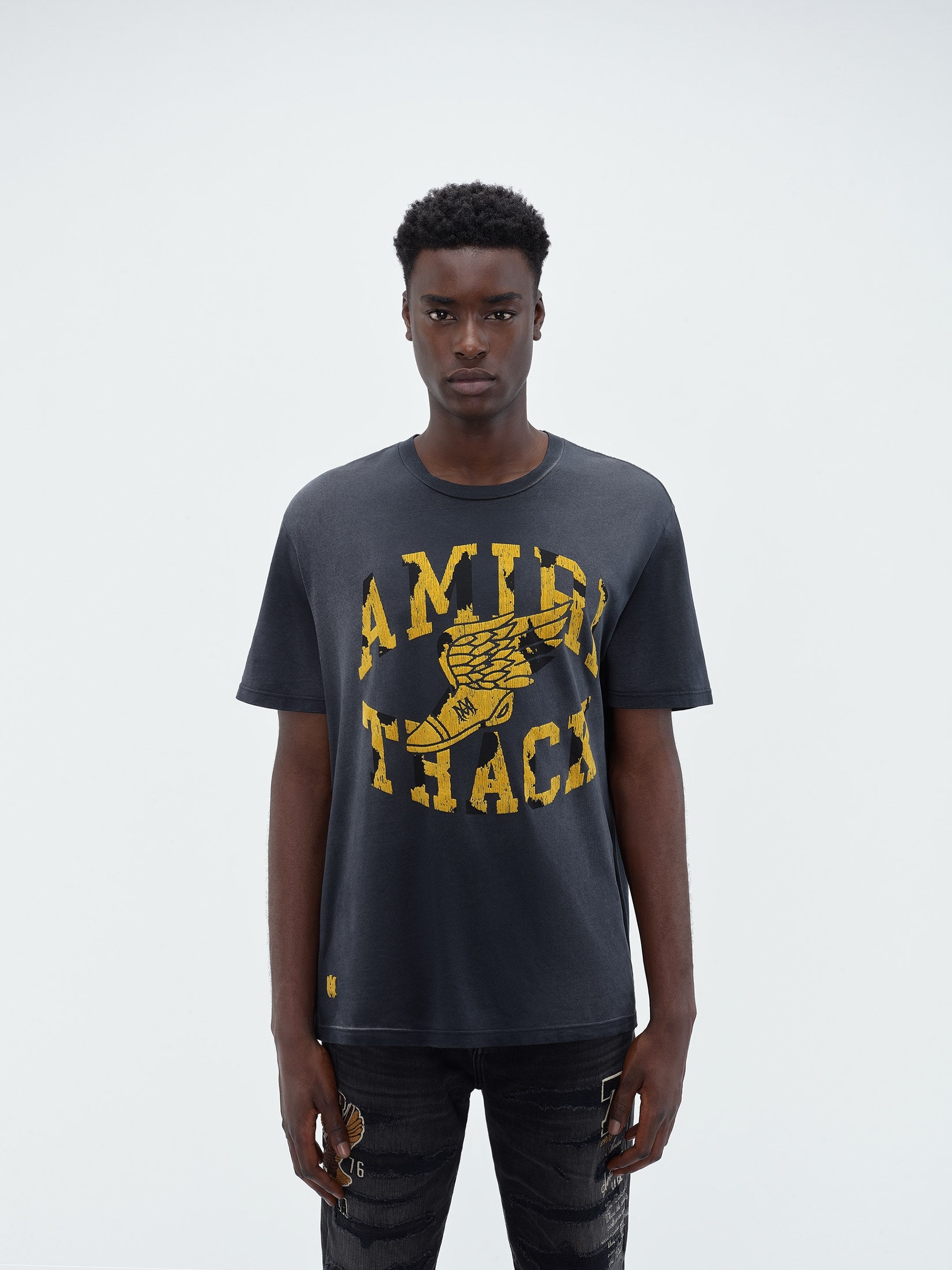 送料関税込み【AMIRI】Track Logo-Flocked Cotton-Jersey TShirt AMIRI || Track Logo-Flocked Cotton-Jersey T-Shirt In Black