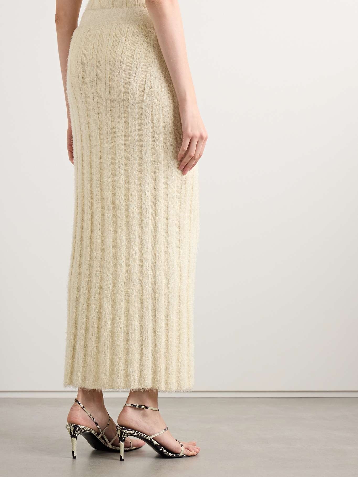 Claire ribbed brushed silk and cashmere-blend midi skirt Cream - 4