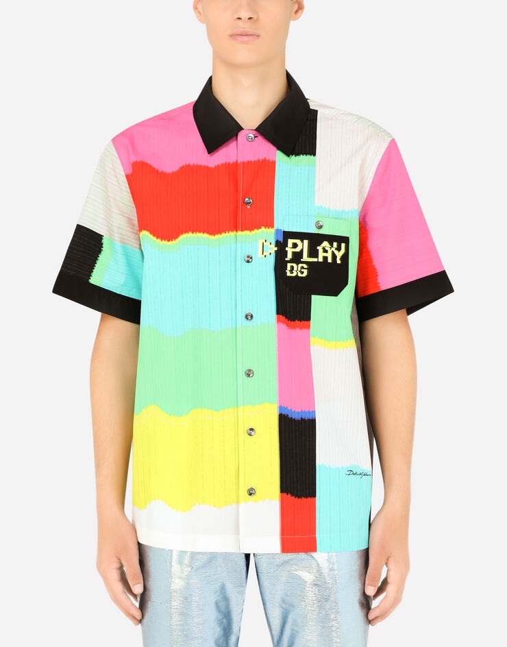 Cotton Hawaiian shirt with multi-color glitch print - 1