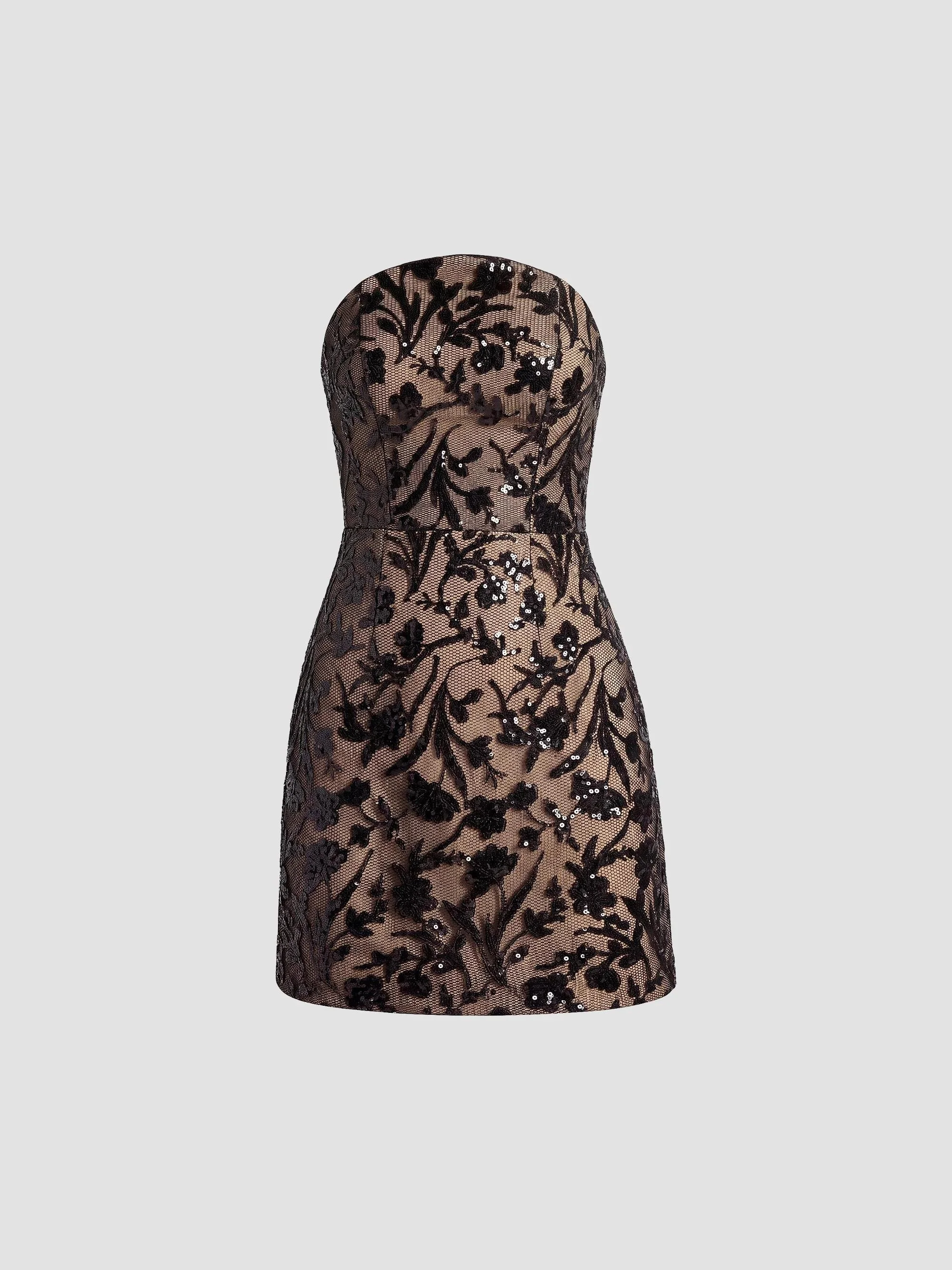 Women's Maisie Sequined Mesh Mini Dress - Black Beige - 1