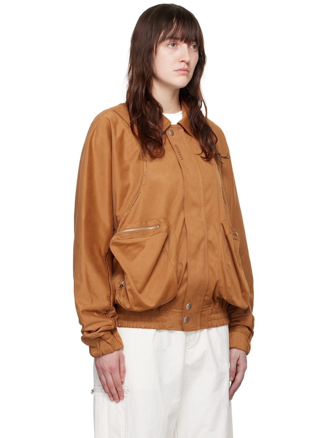Tan Embroidered Faux-Leather Bomber Jacket - 2