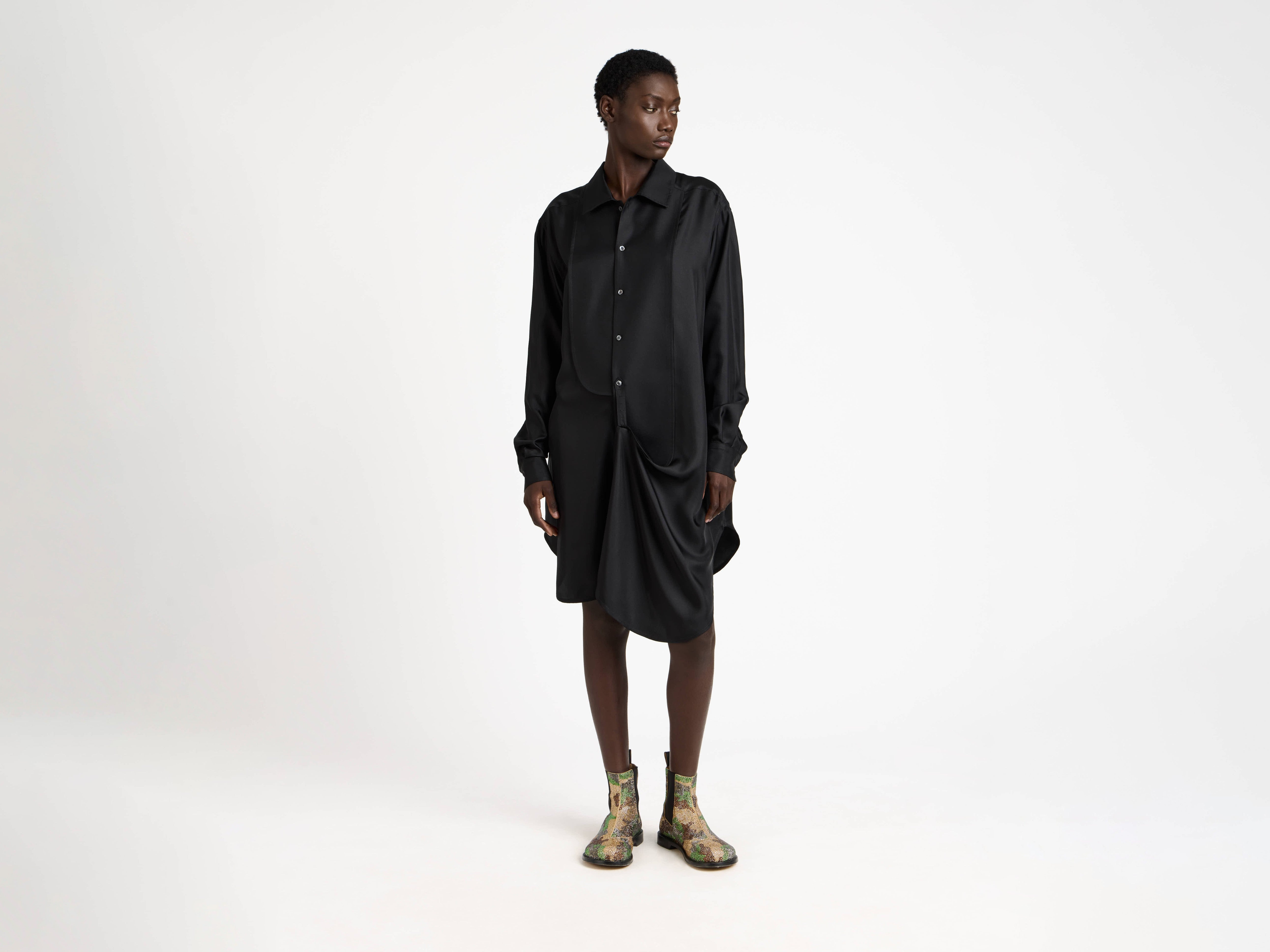 WOMENS TUXEDO DRAPE SILK DRESS IN BLACK - 3