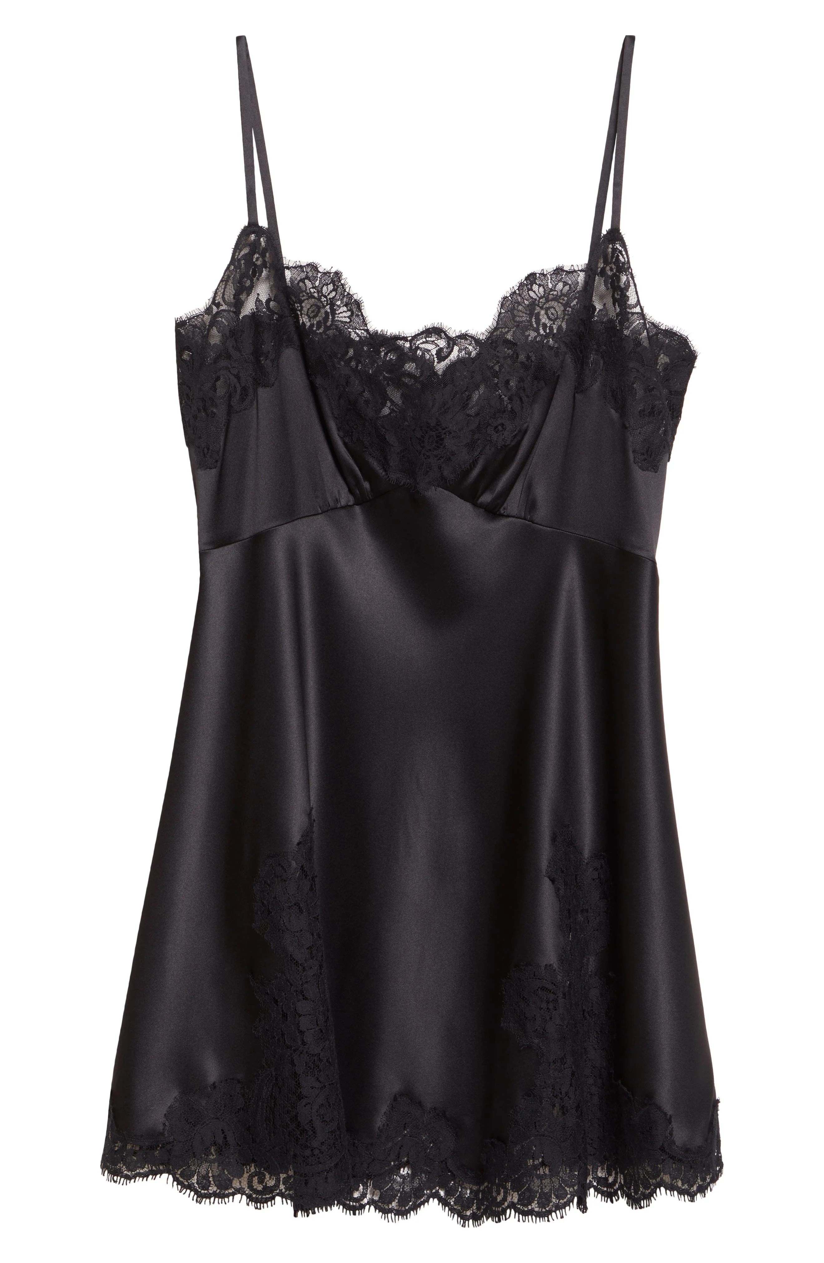Dolce&Gabbana Lace Trim Stretch Satin Minidress in Nero at Nordstrom - 1