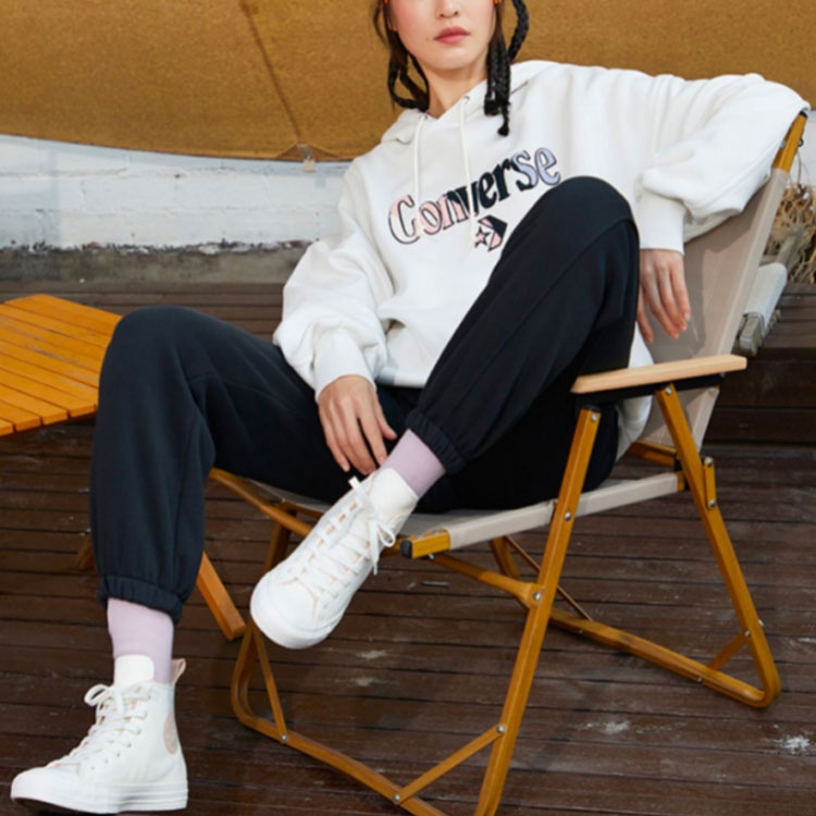 (WMNS) Converse Logo Embroidered Loose Fleece Hoodie White 10022349-A01 - 3