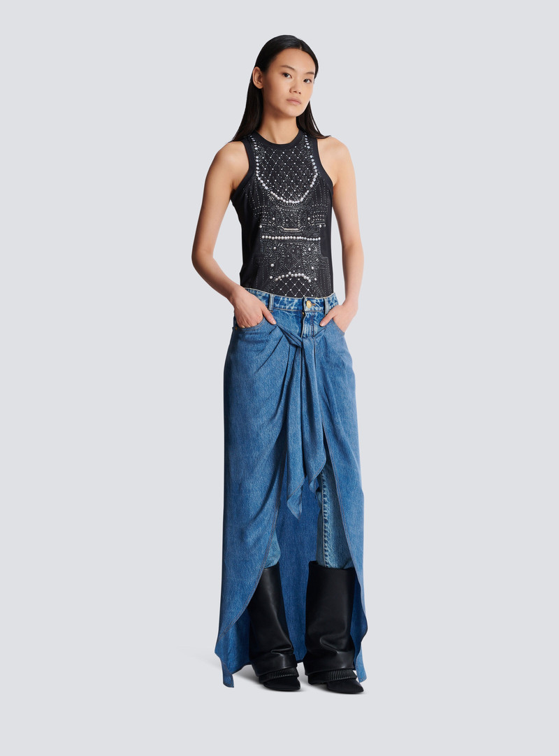 Denim jeans with draped skirt 3