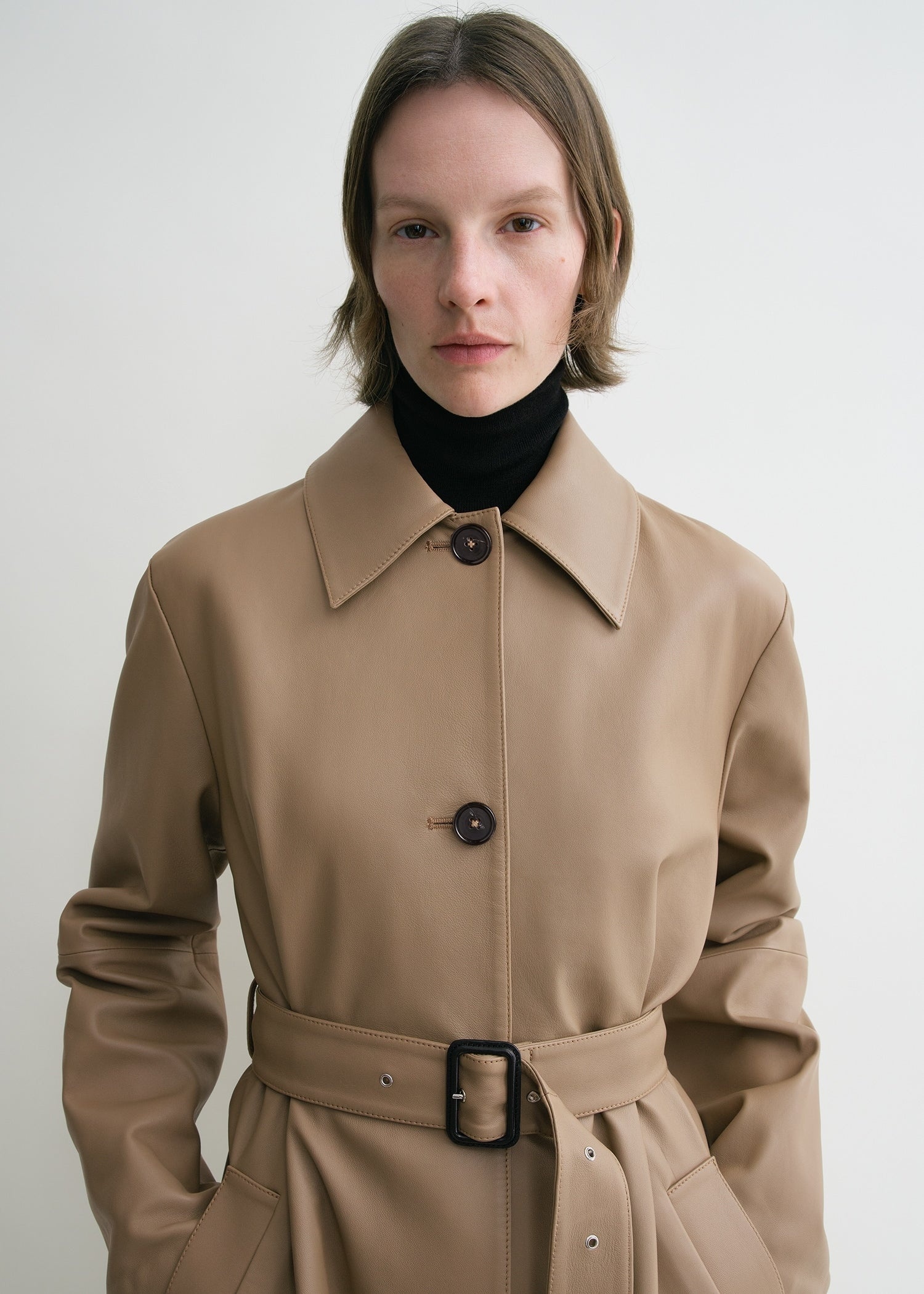 Belted leather coat truffle - 5