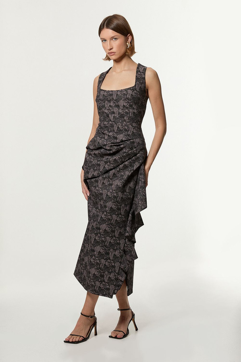 Petite Jacquard Ruffle Strappy Tailored Maxi Dress 1