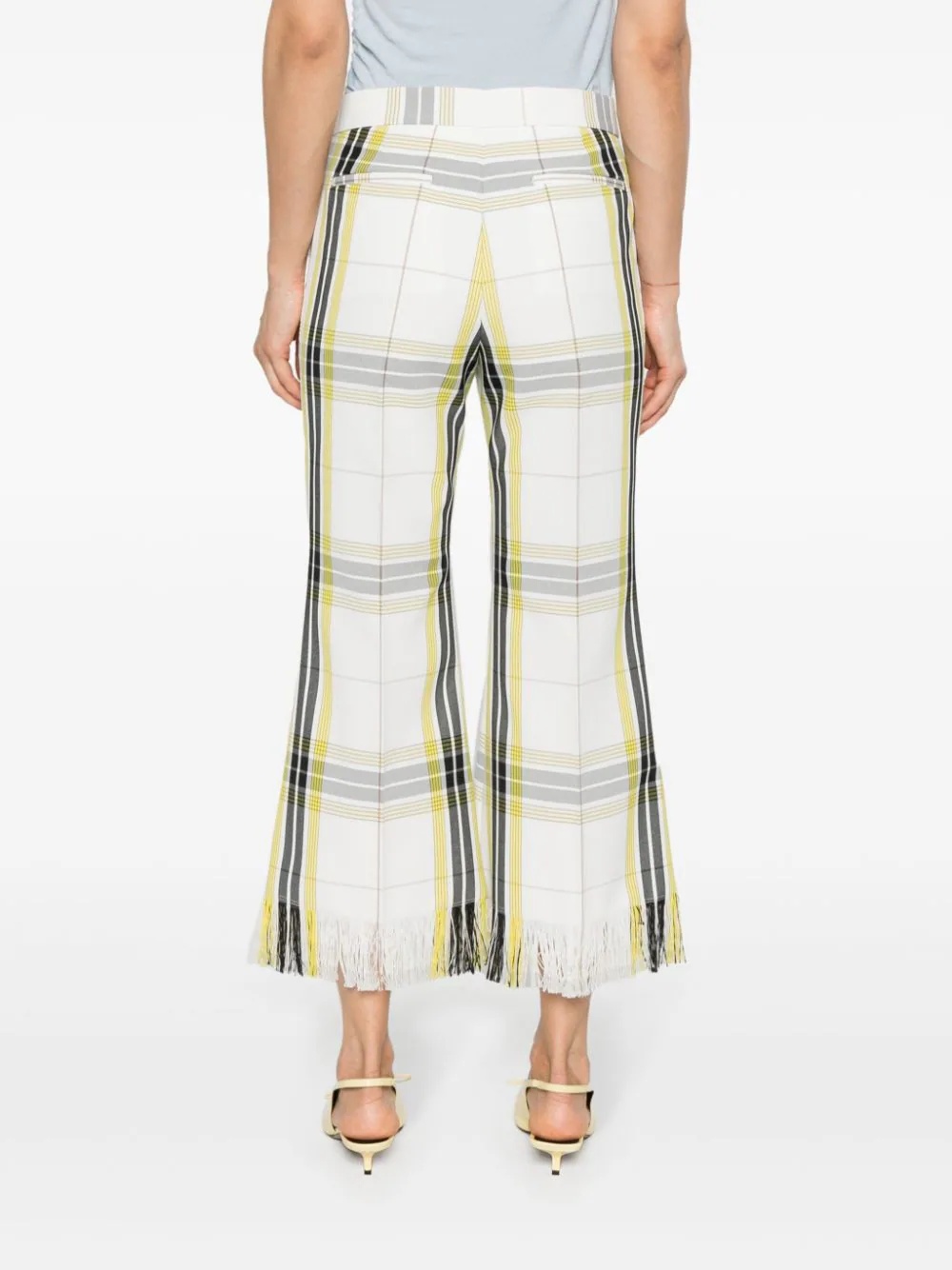 White Yellow Checkered Cropped Pants - 4