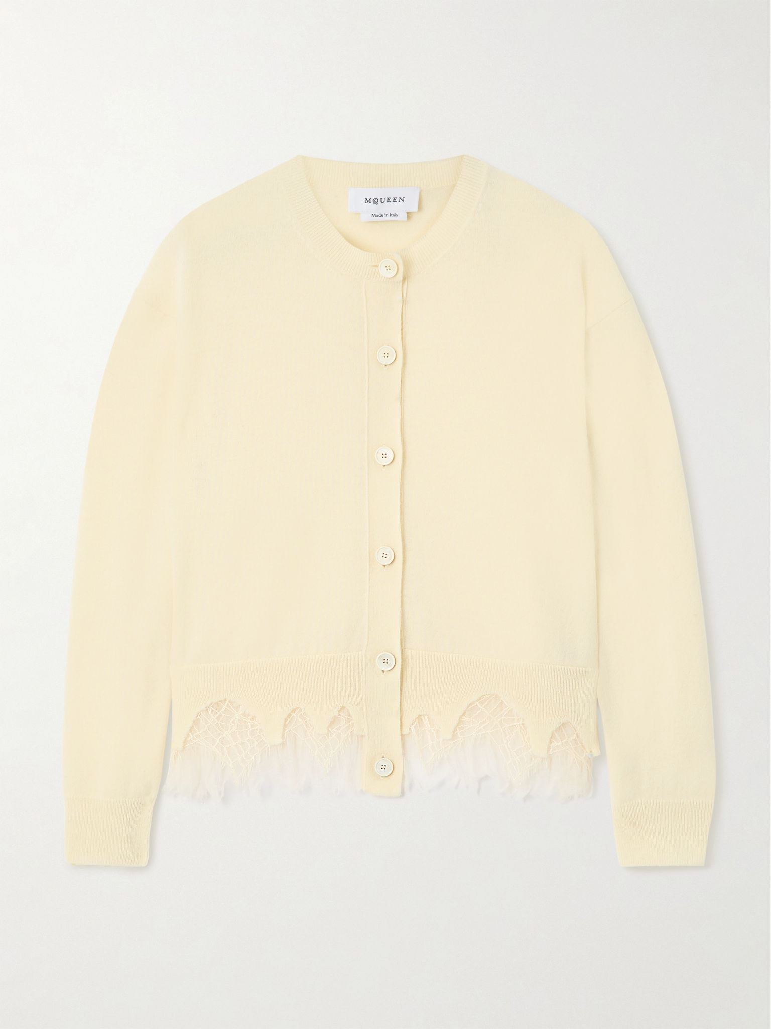 Lace-trimmed distressed wool and cashmere-blend cardigan Ivory - 1