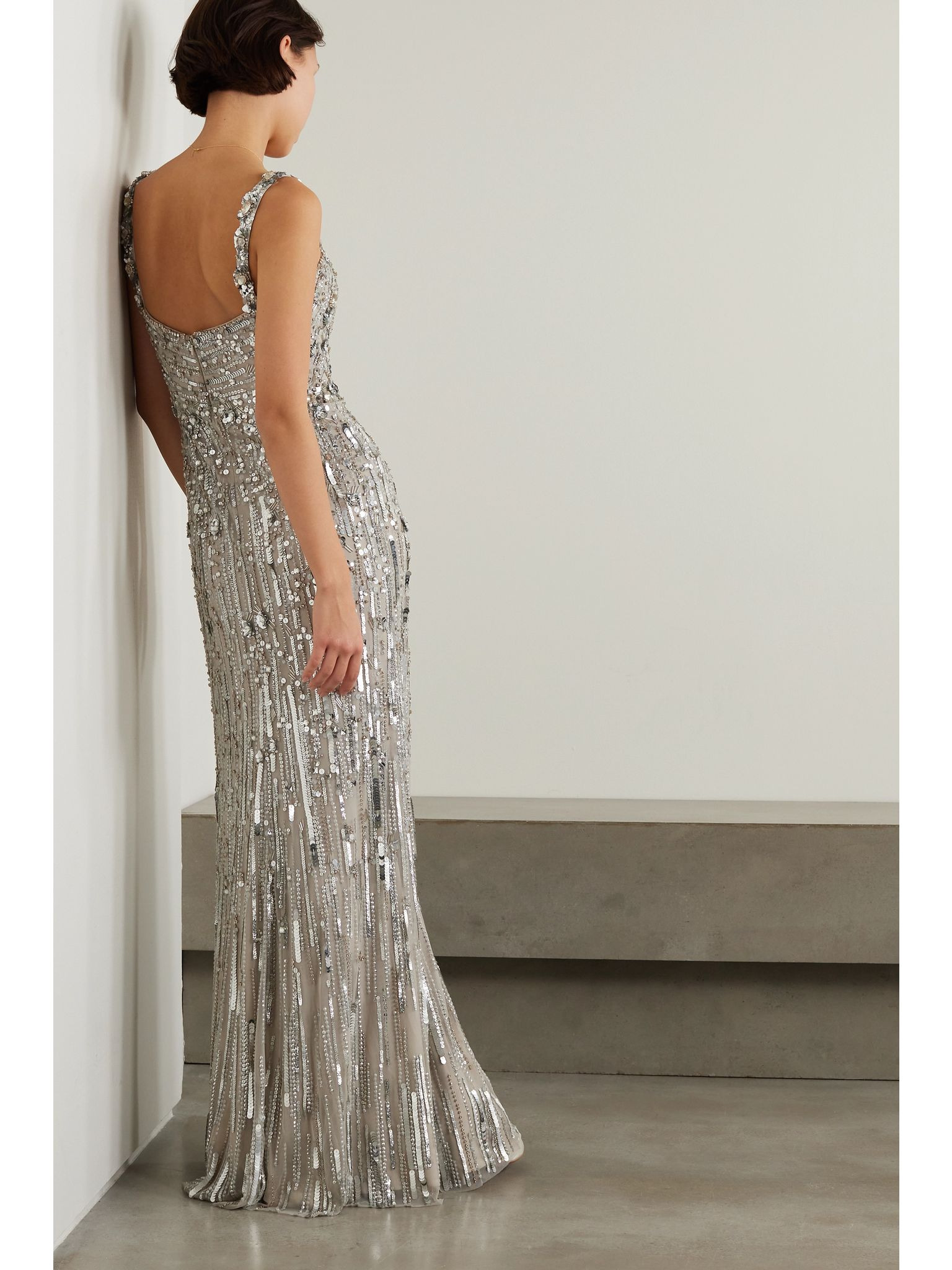 Bright Gem embellished sequined tulle gown Platinum - 3