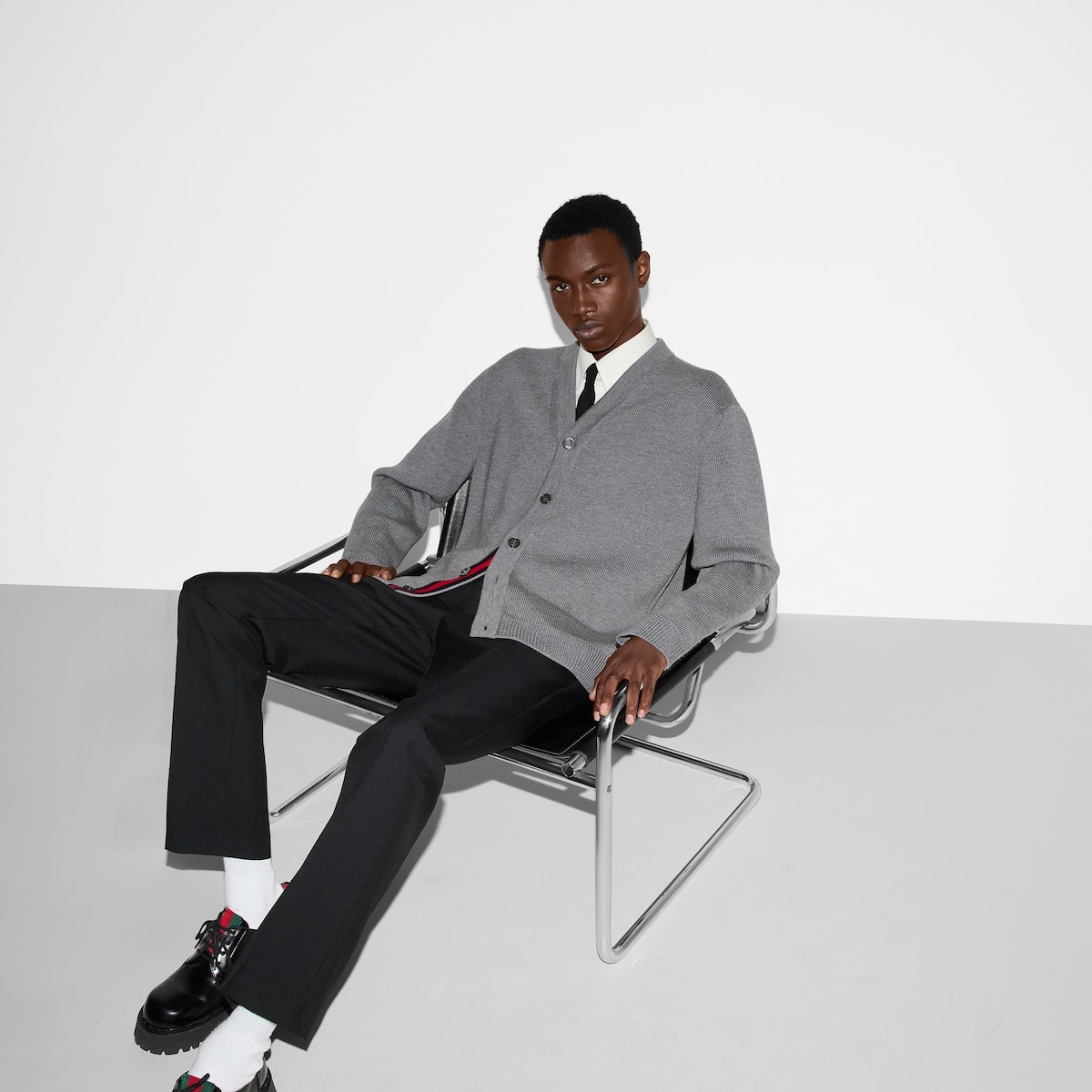 Stitch wool cardigan with Web - 6