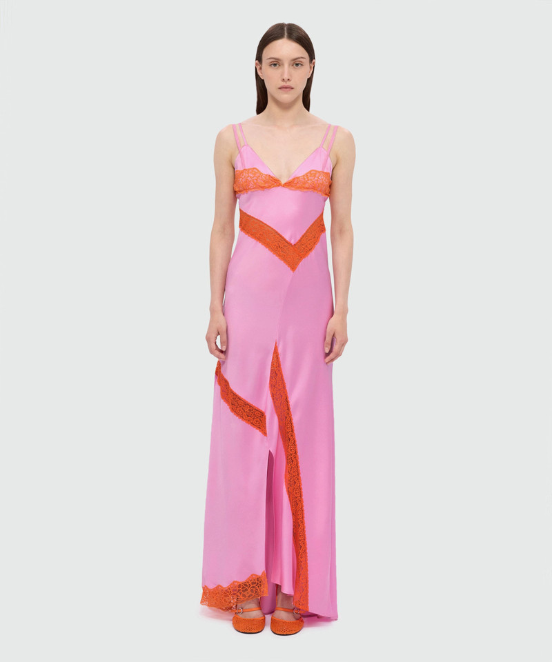 MSGM Pink satin long dress with lace inserts outlook