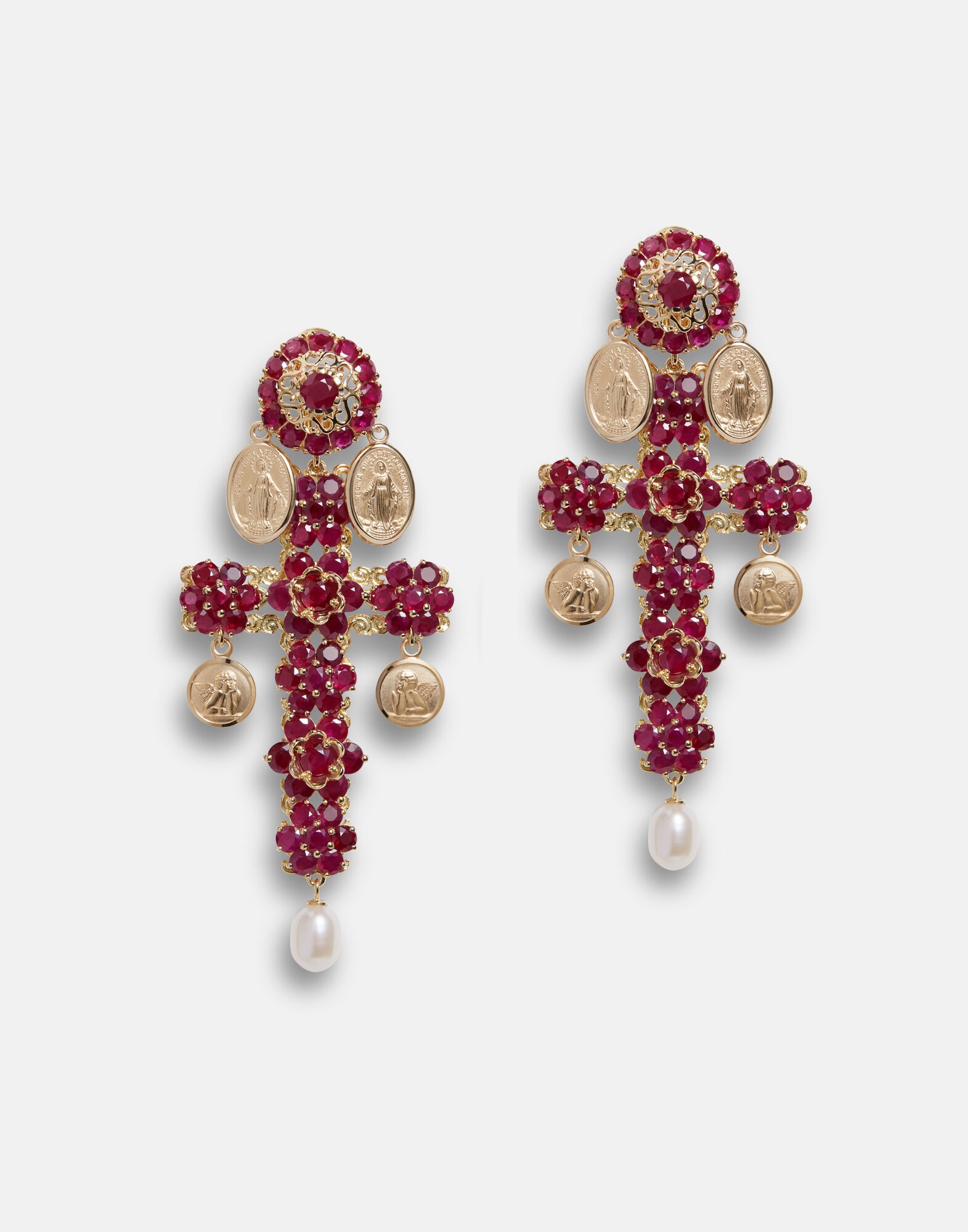 Family yellow gold cross pendant earrings with rubies - 1