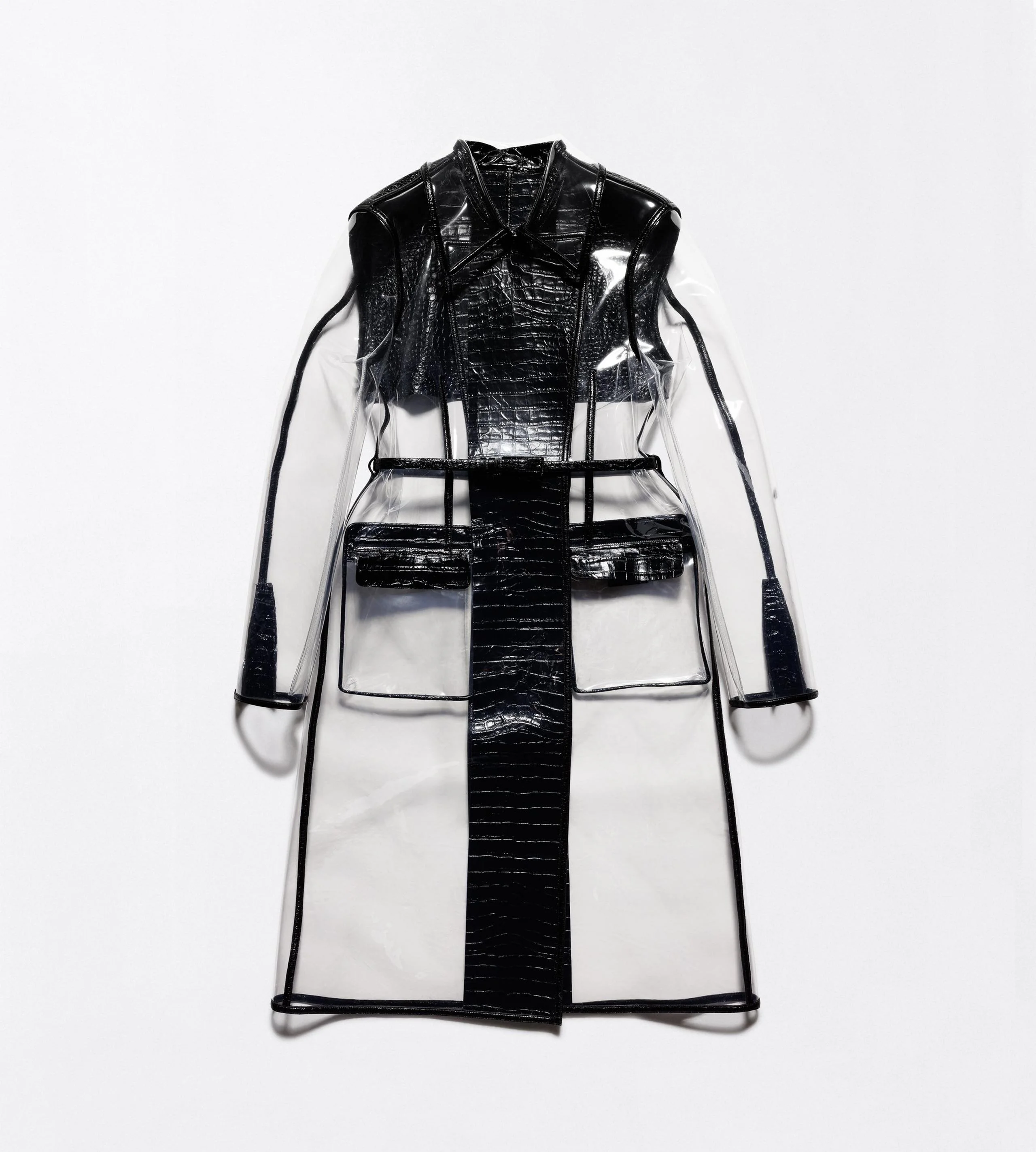 GLASS-EFFECT TECHNICAL FABRIC AND EXOTIC PRINTED LEATHER BELTED TRENCH COAT - 1