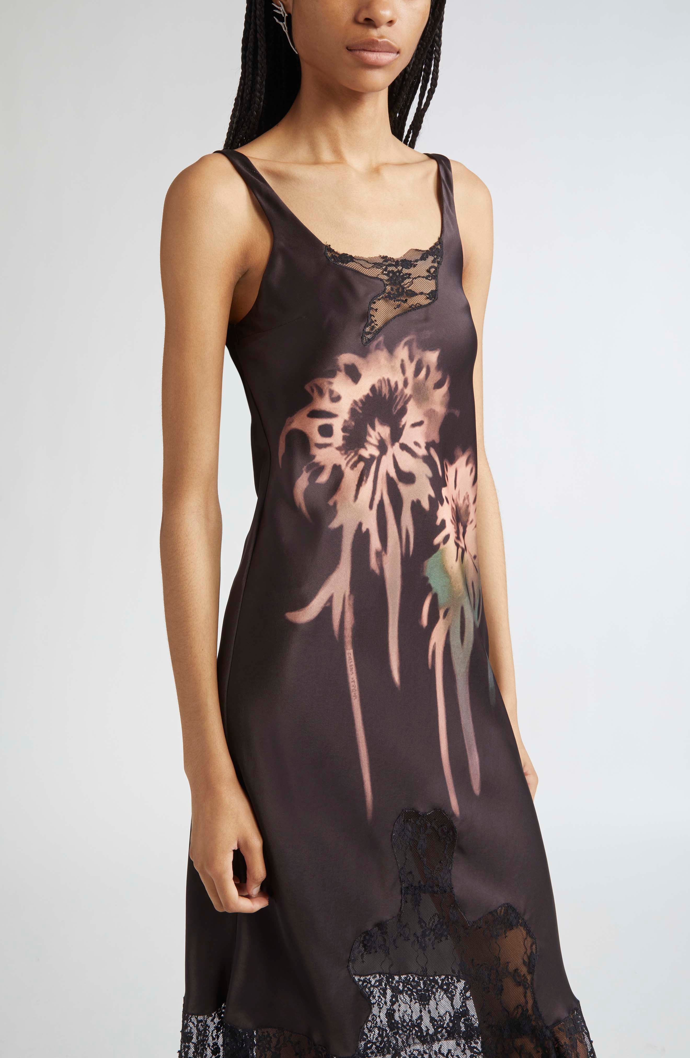 Collina Strada Stone Flower Drip Anemone Satin & Lace Tank Dress in Earth Faded Flower at Nordstrom - 4
