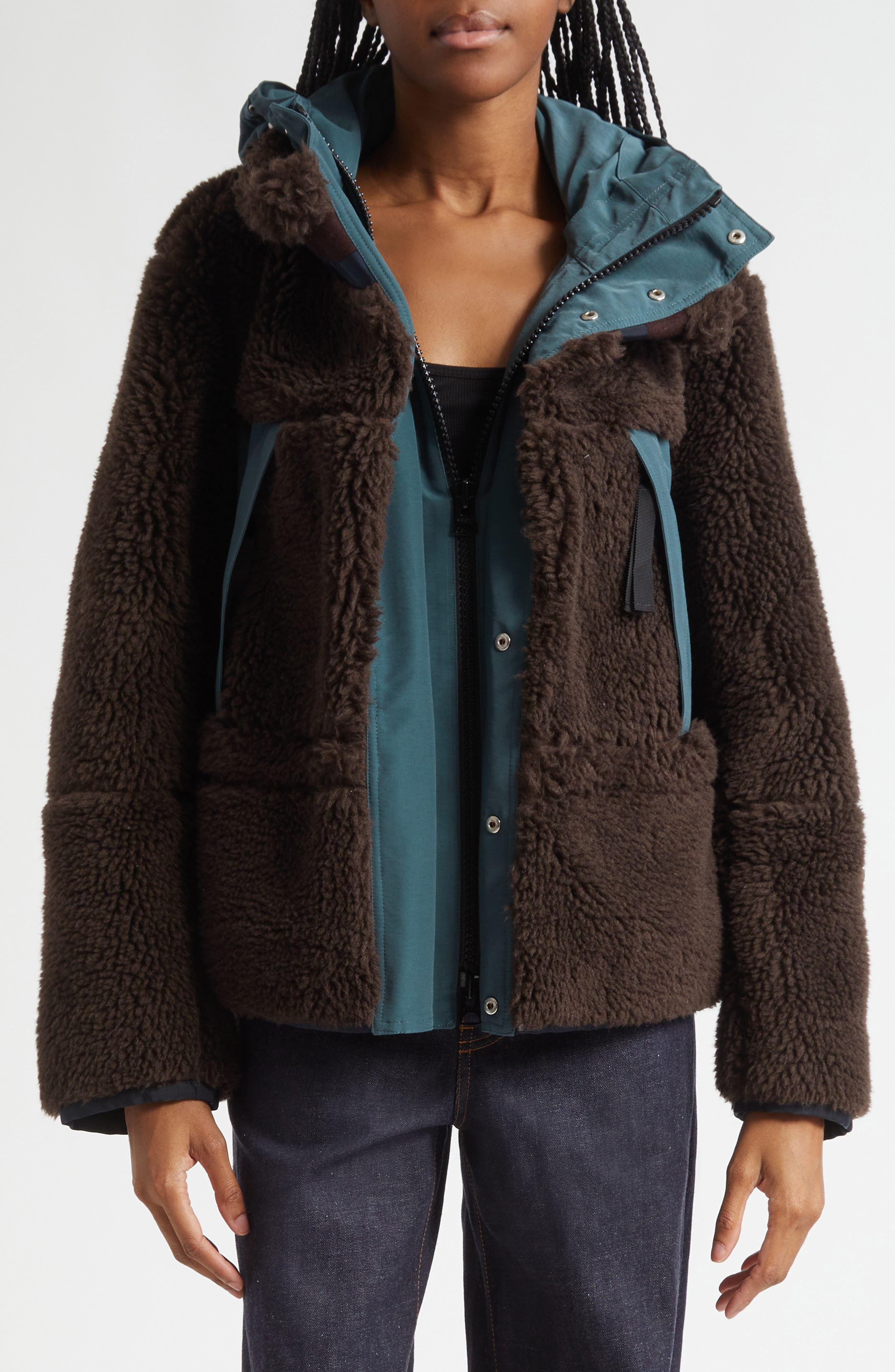 Sacai Mixed Media Faux Shearling Jacket in Brown/Green at Nordstrom - 5