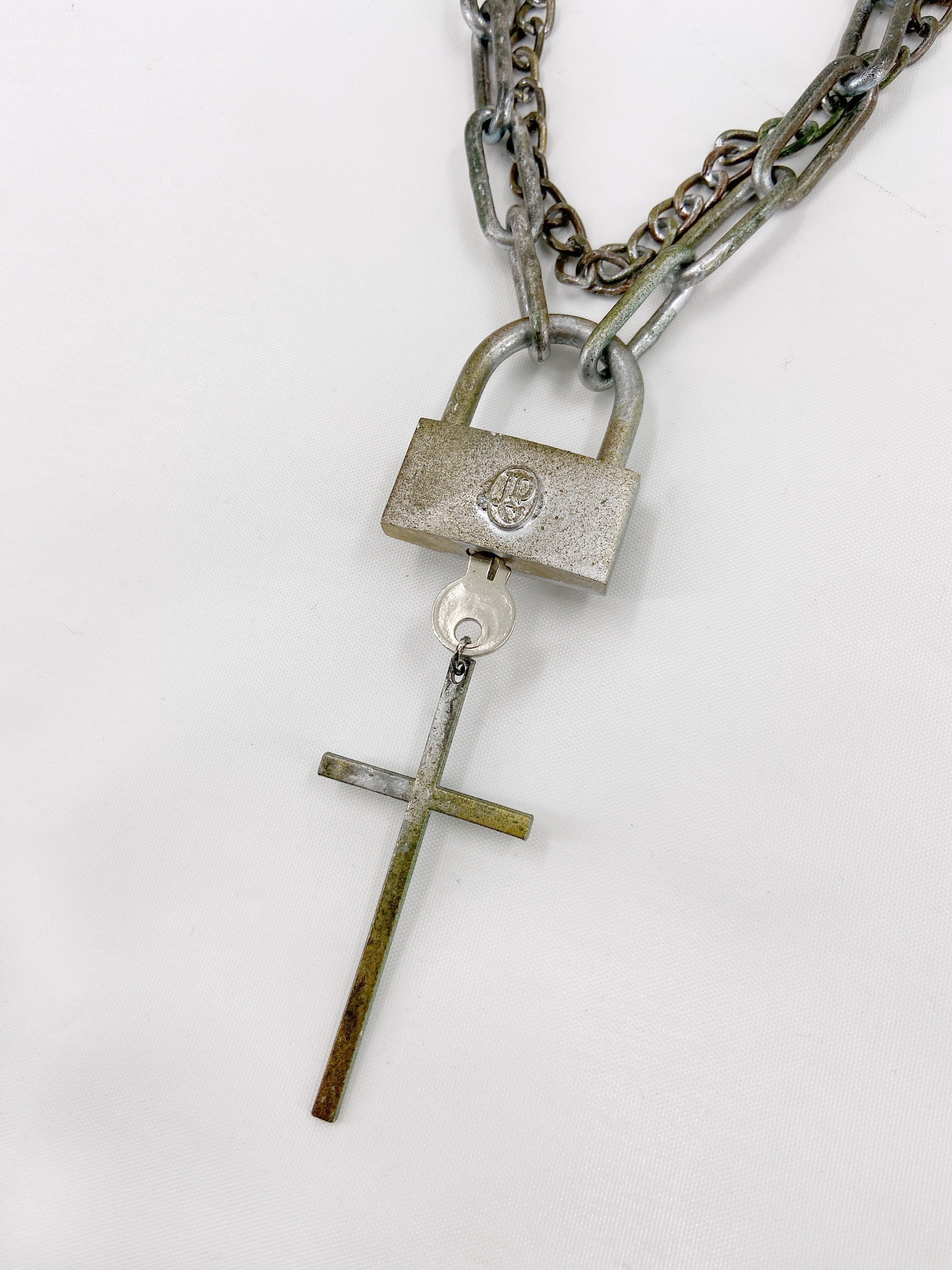 Jean Paul Gaultier 90s Sample Skull Lock Key Cross Double Chain Necklace - 8
