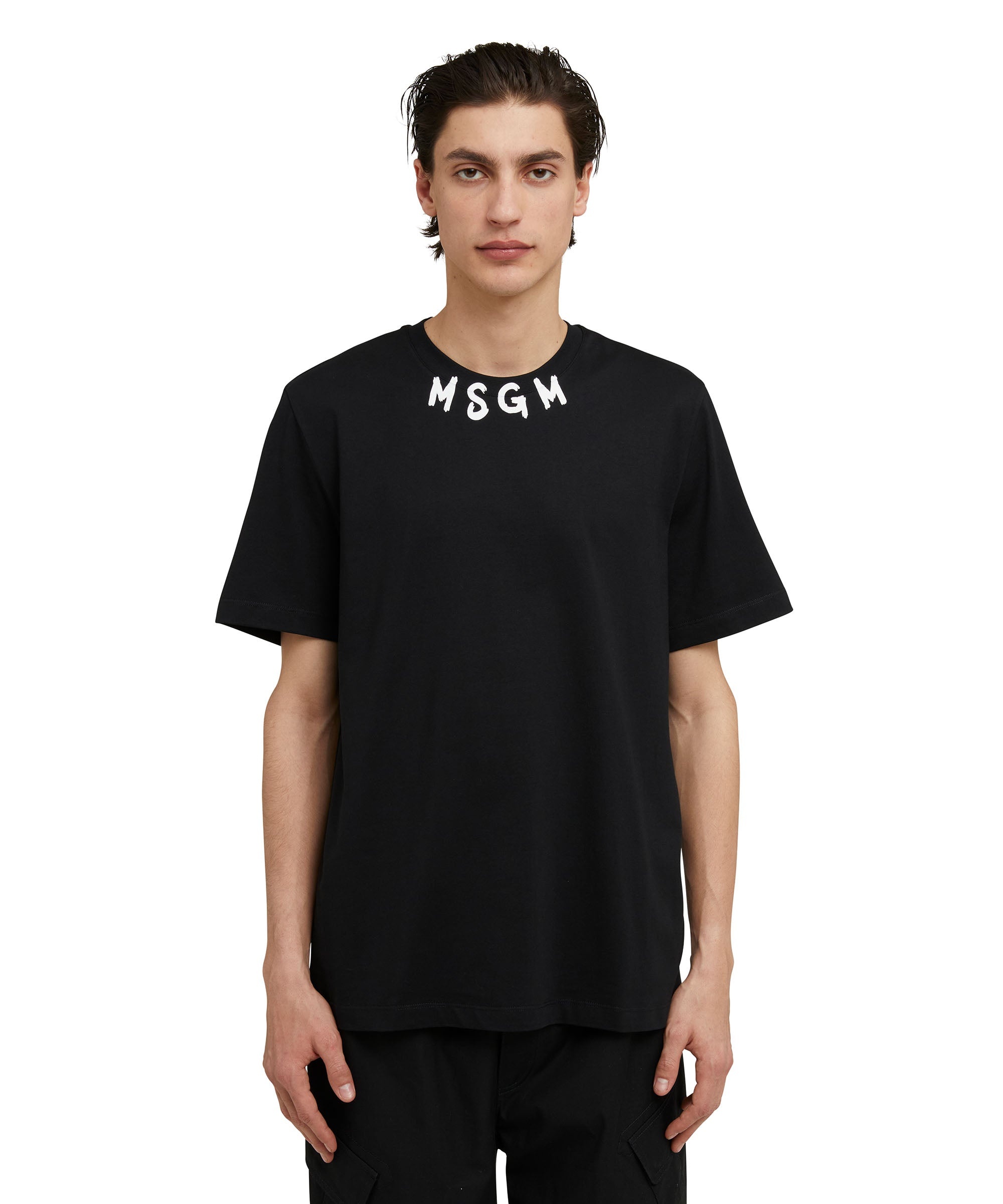 Cotton crewneck t-shirt with brushed MSGM logo at the neckline - 3