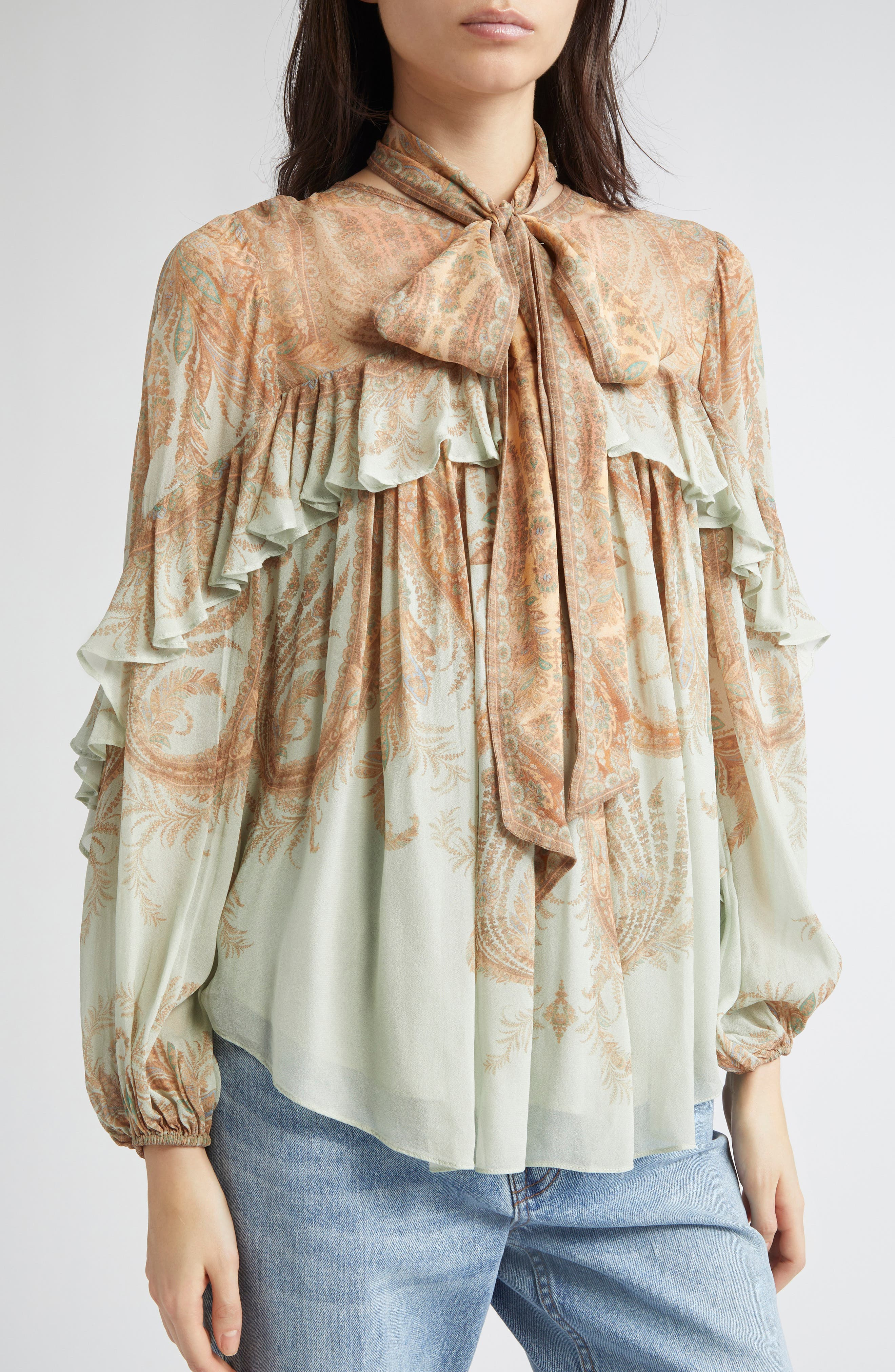 Zimmermann Memento Flutter Paisley Pussy Bow Top in Mint Paisley at Nordstrom - 5