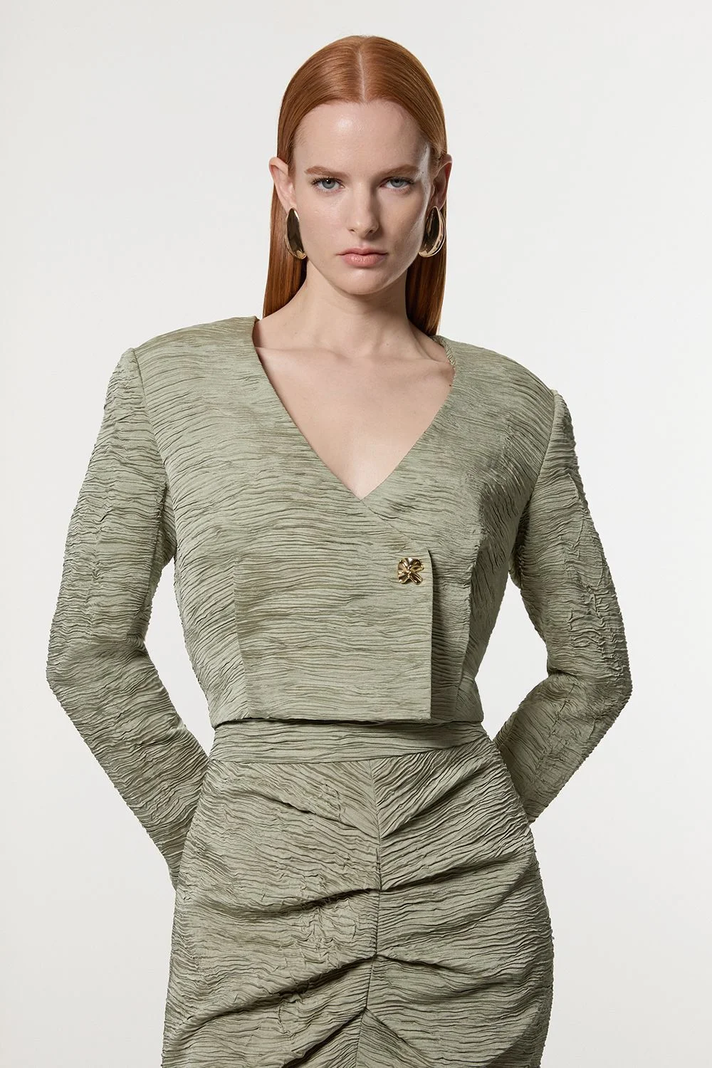 Crinkle Satin Button Front Cropped Tailored Jacket - 1