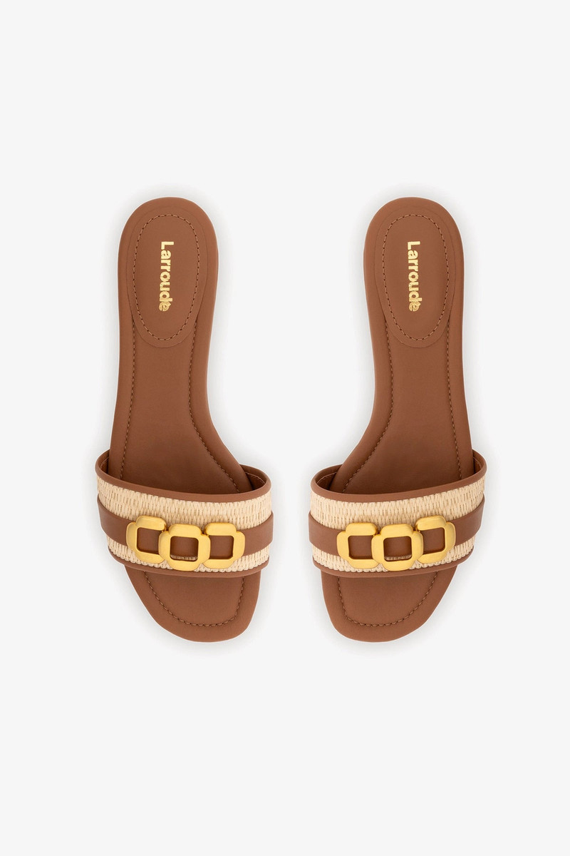 Franca Flat In Natural Raffia And Caramel Leather 6