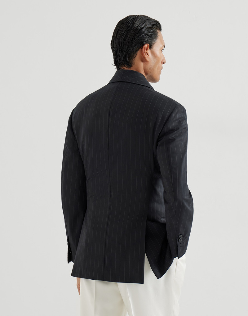 Super 150s virgin wool chalk stripe one-and-a-half breasted tuxedo jacket with shawl lapels 3