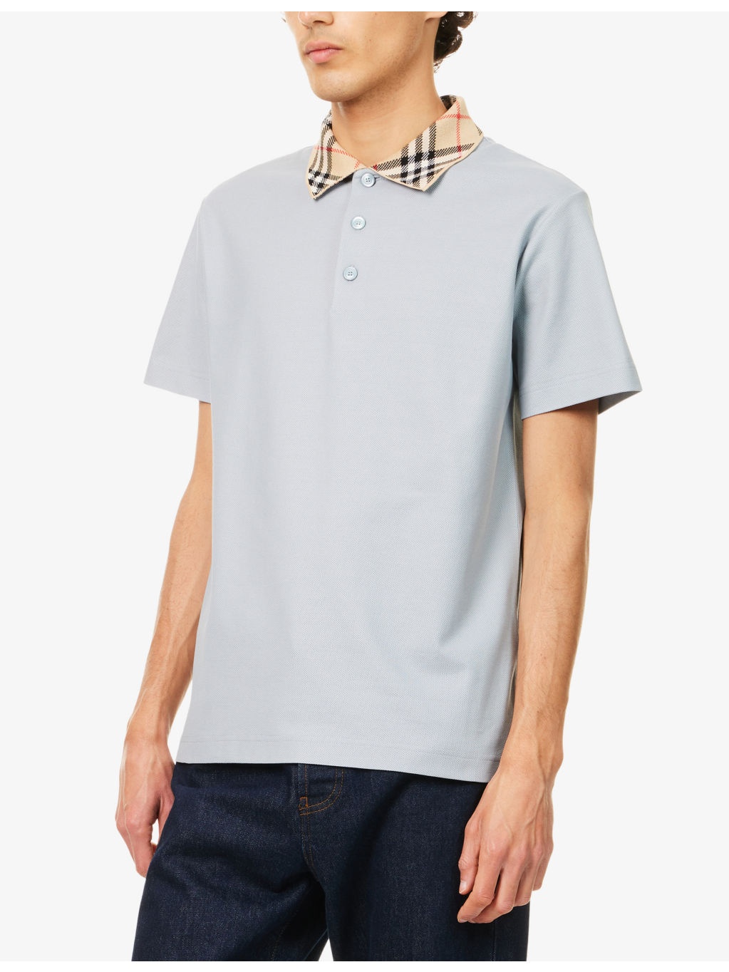 Check-Print-Collar Shirt-Sleeves Cotton-Piqué Polo Shirt - 3
