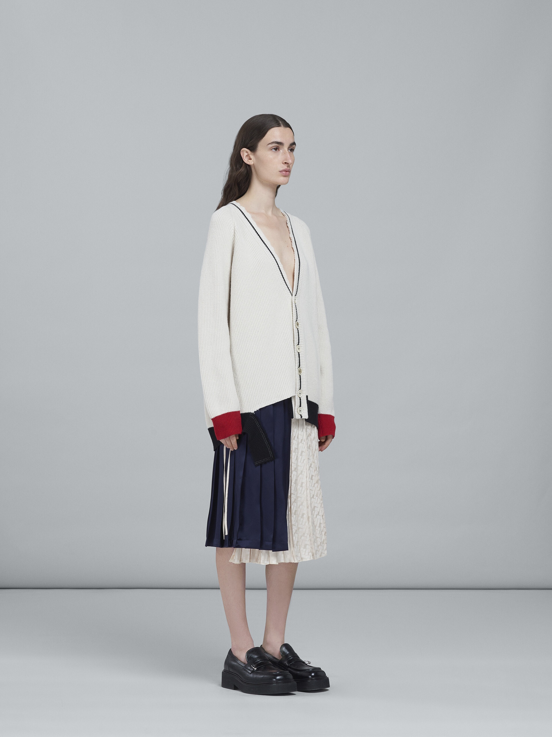 WHITE SHETLAND WOOL AND COTTON LONG CARDIGAN - 5