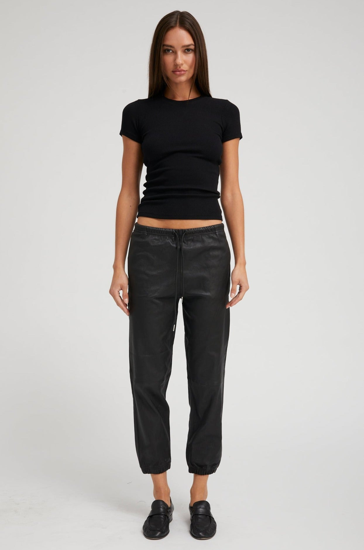 BLACK LEATHER SWEATPANTS - 2