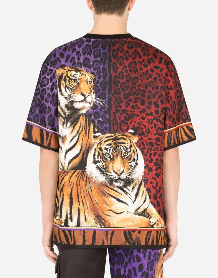 Jersey and twill T-shirt with tiger print - 2