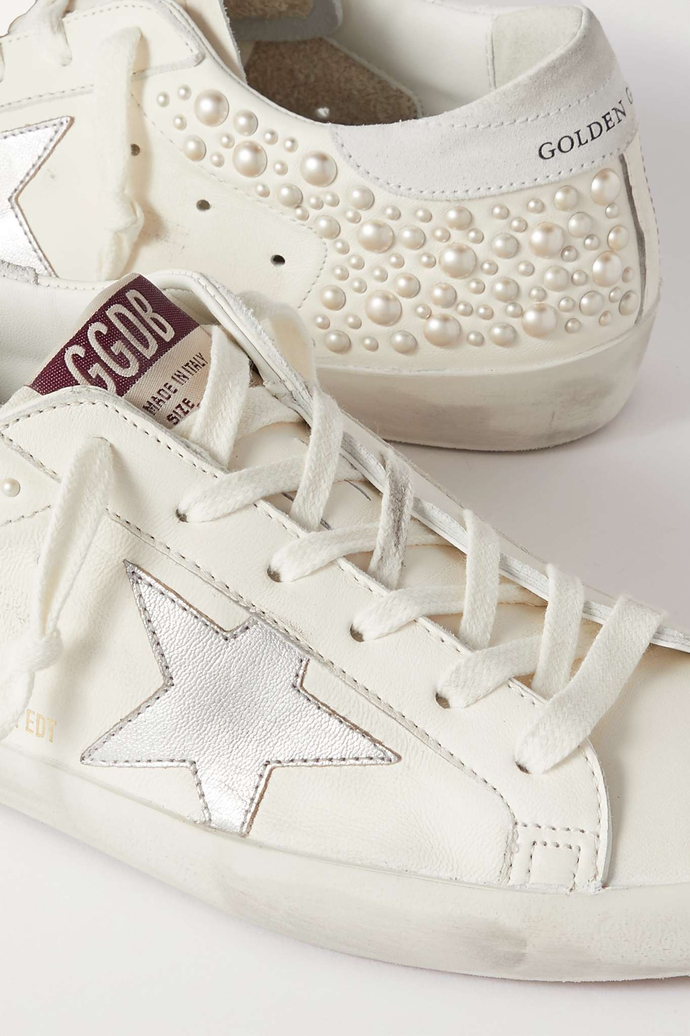 Superstar pearl-embellished distressed leather sneakers - 4