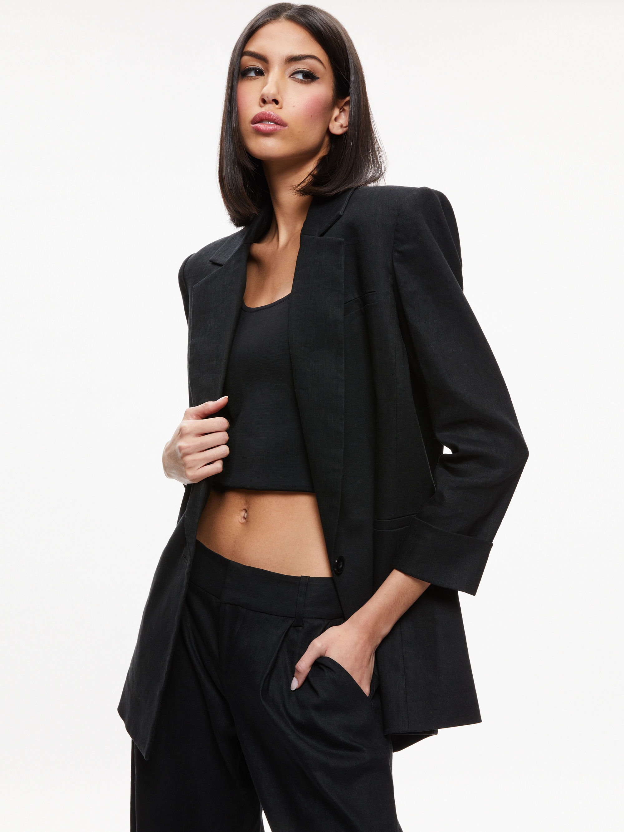 SHAN STRONG SHOULDER RUCHED SLEEVE BLAZER - 1