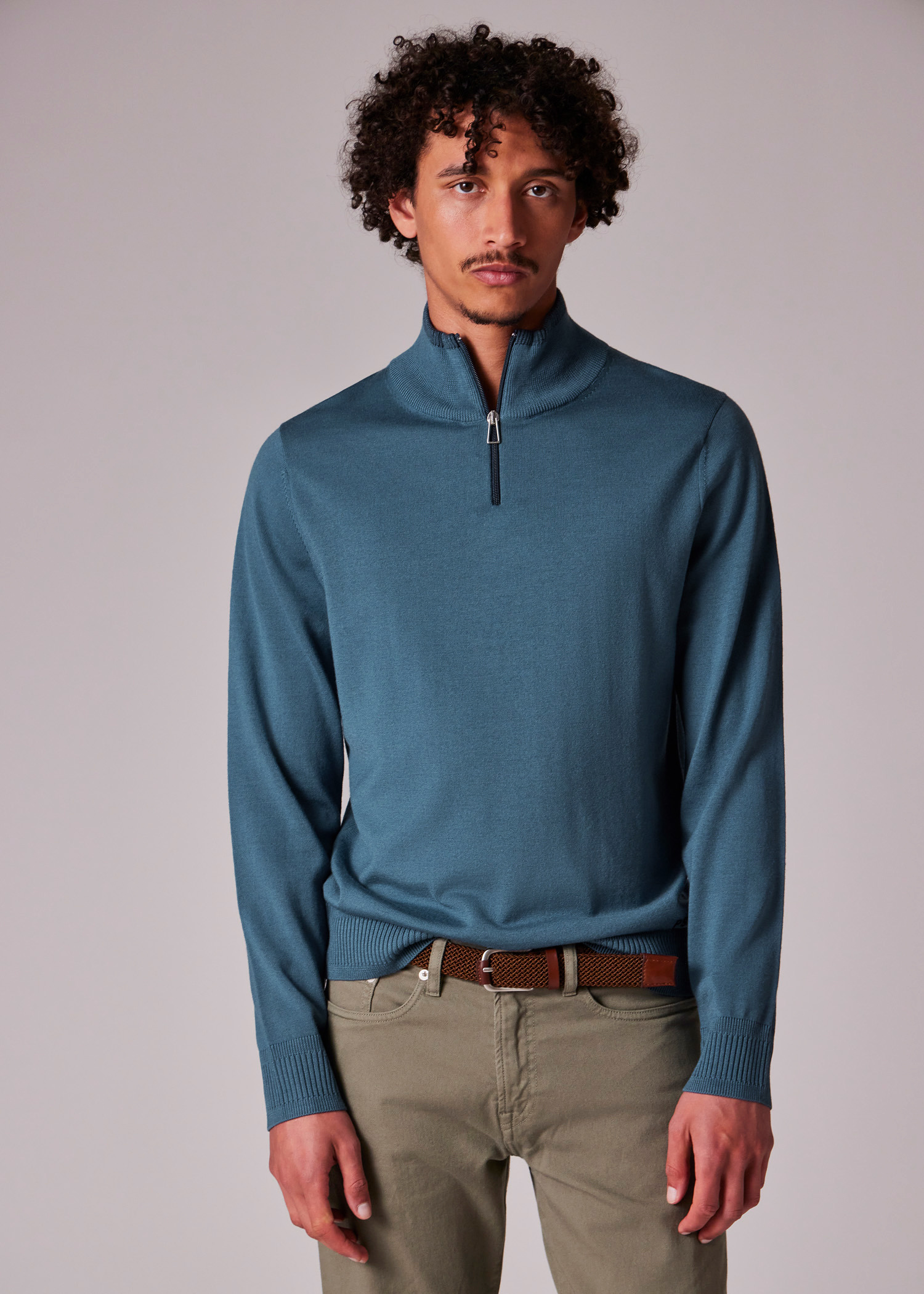 Petrol Blue Merino Wool Half Zip Sweater - 6