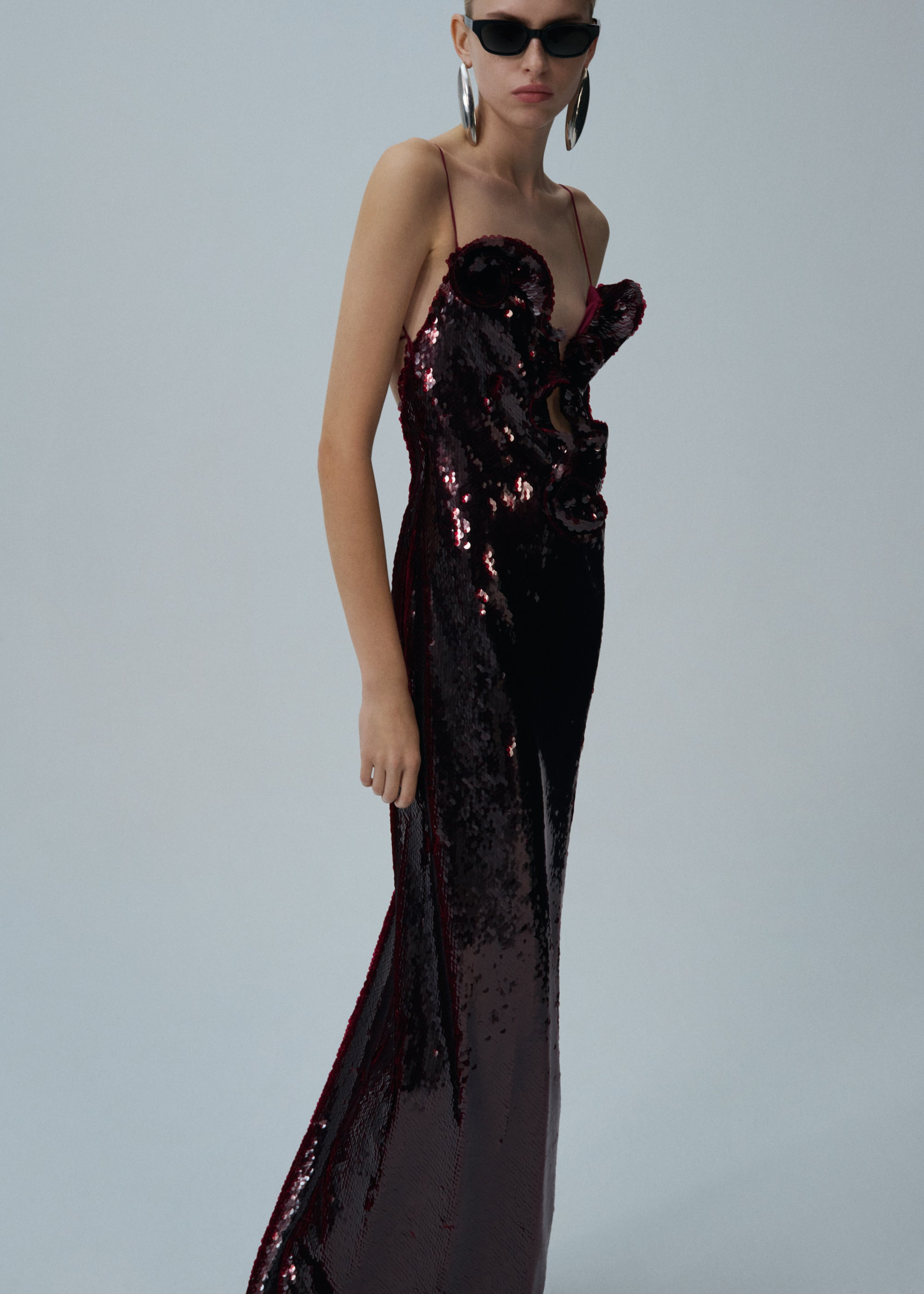 Ruffle applique sequin gown in bordeaux - 4