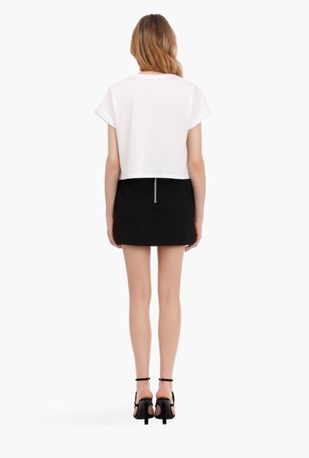 Cropped white cotton T-shirt with flocked black Balmain logo - 3