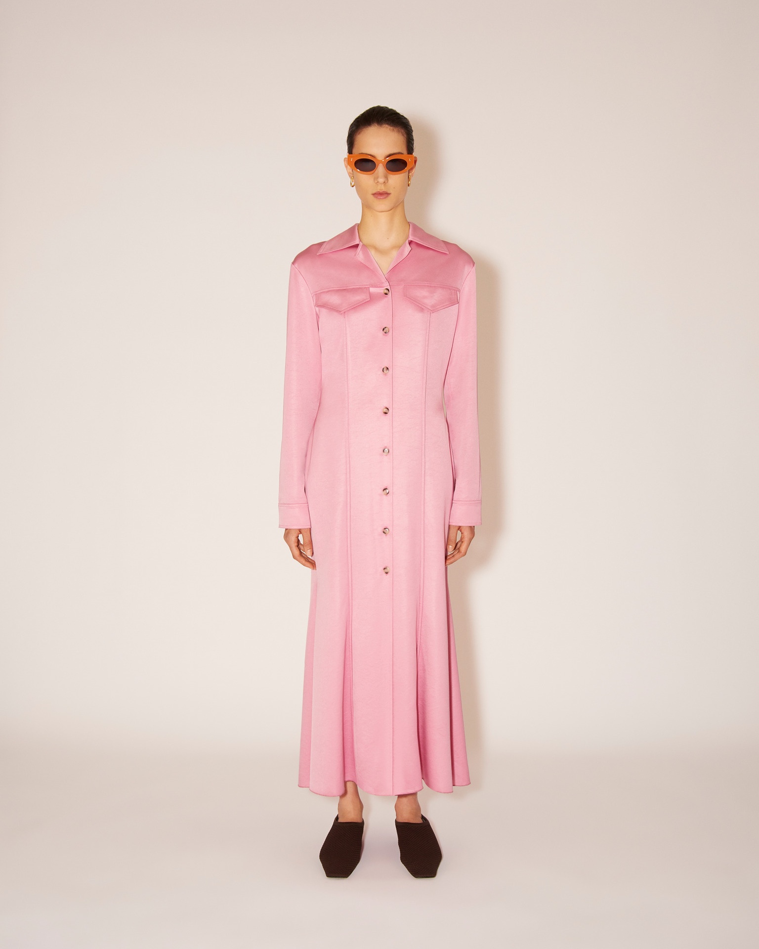 SANA - Glossy satin shirt dress - Pink - 2