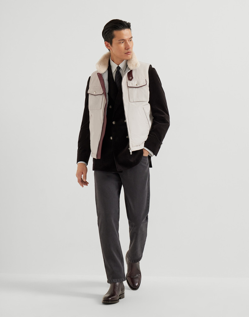 Techno satin down vest with leather details and detachable shearling collar 5