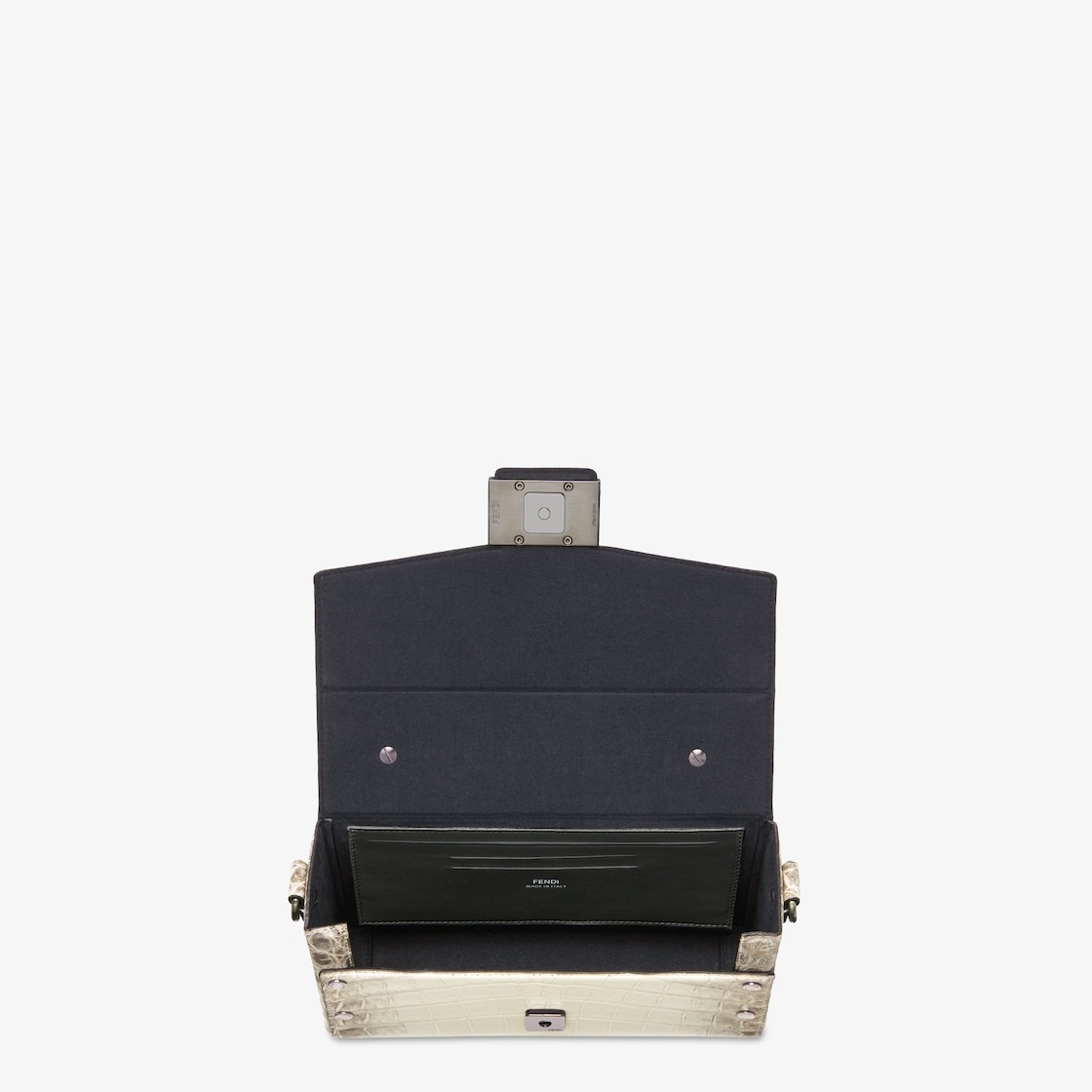 Small Baguette Soft Trunk made of exquisite crocodile leather in white with dark gray nuances. Flap  - 4