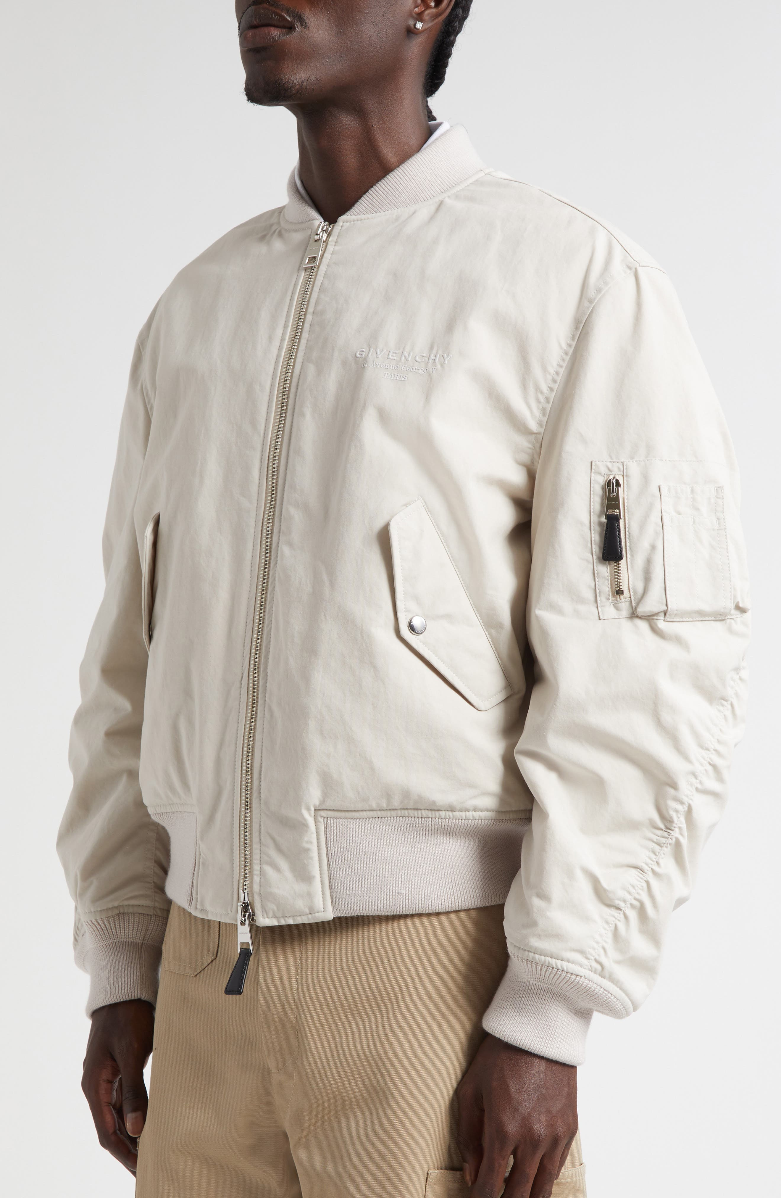 Givenchy Twisted Sleeve Cotton Blend Flight Jacket in Light Beige at Nordstrom - 5